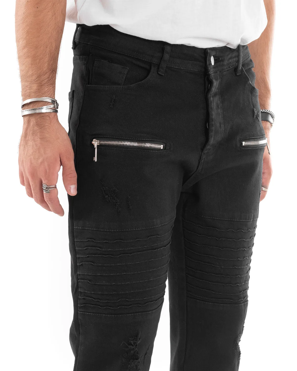 Pantaloni Jeans Uomo Slim Fit Biker Nero Cinque Tasche Con Zip Casual GIOSAL-P5506A