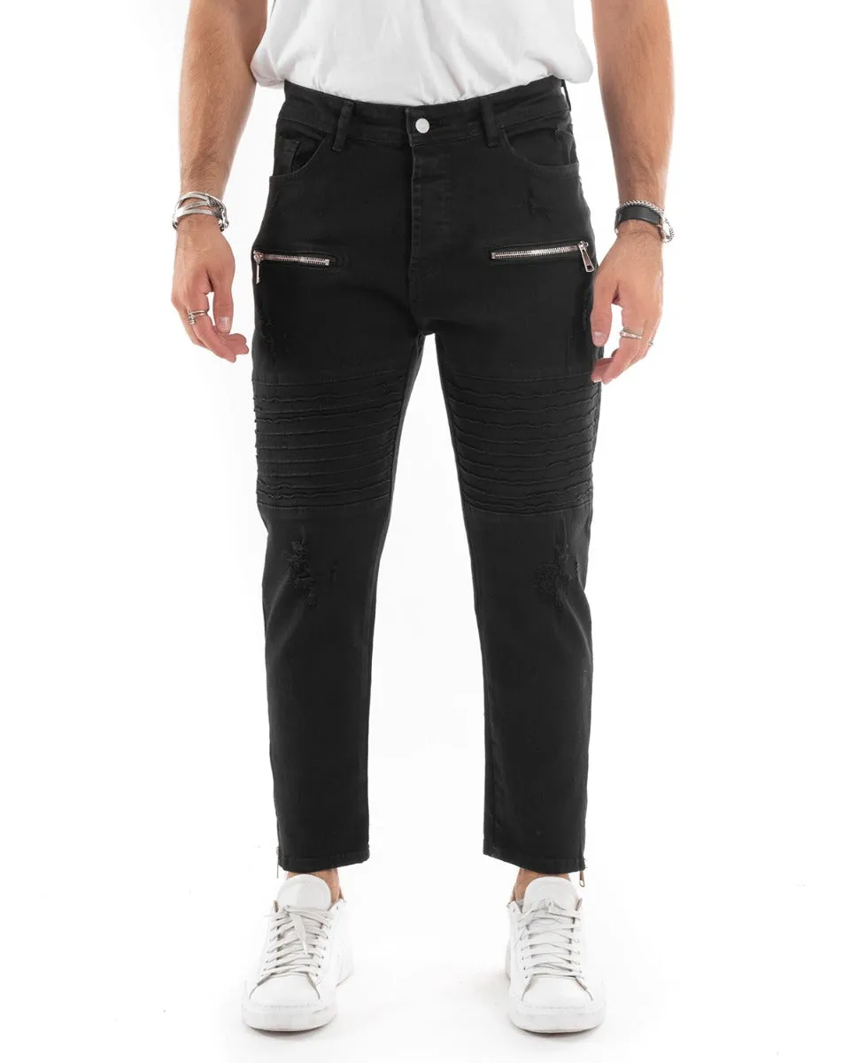 Pantaloni Jeans Uomo Slim Fit Biker Nero Cinque Tasche Con Zip Casual GIOSAL-P5506A