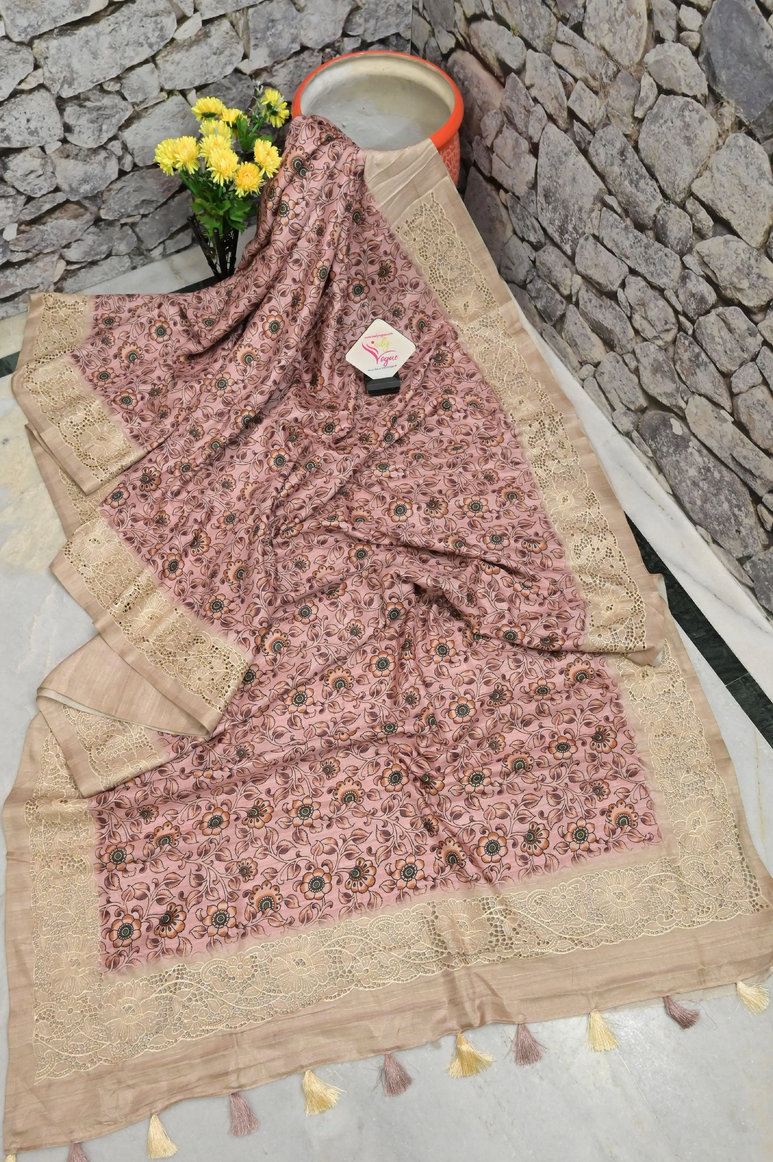 Peach Color Bhagalpuri Silk Saree with Kalamkari Print and Embroidery Work with Cut Work