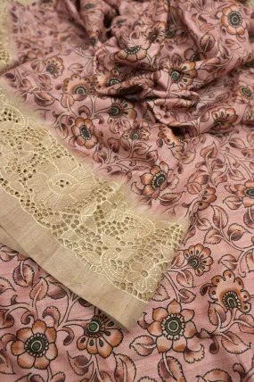 Peach Color Bhagalpuri Silk Saree with Kalamkari Print and Embroidery Work with Cut Work