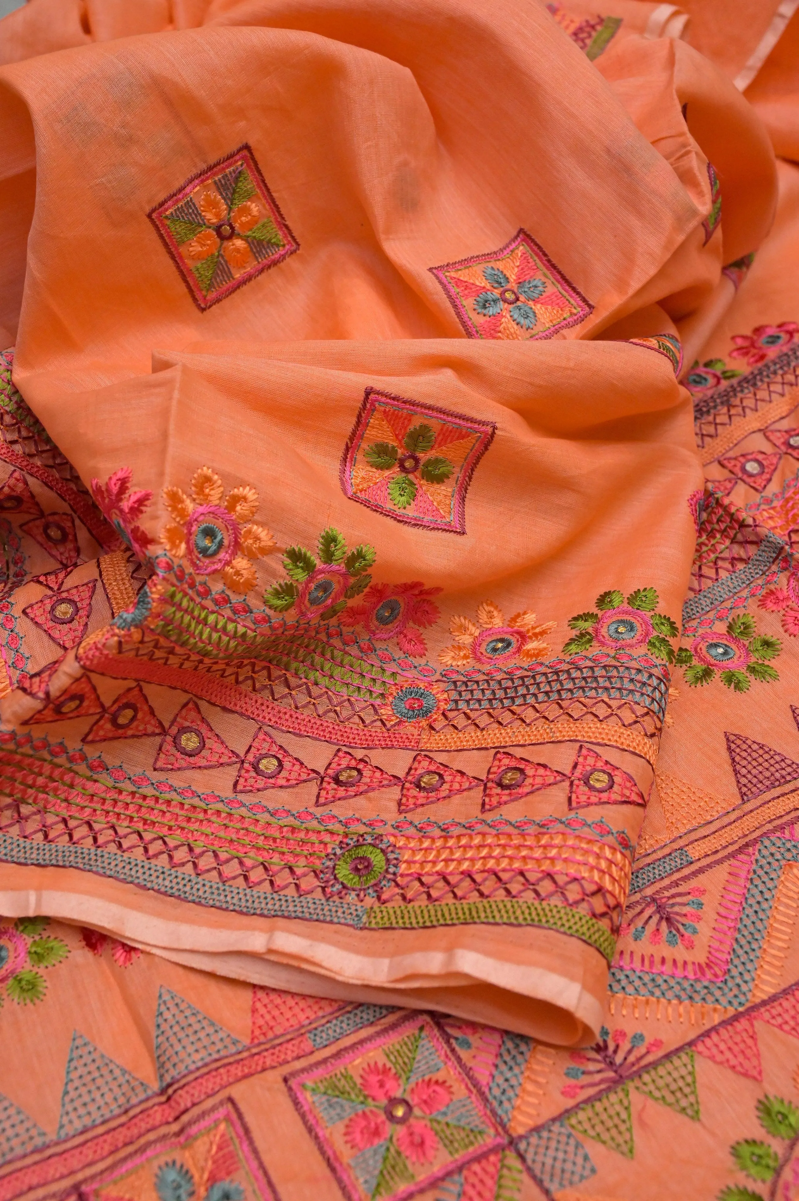 Peach Color Half Tussar Saree with Lambani Embroidery