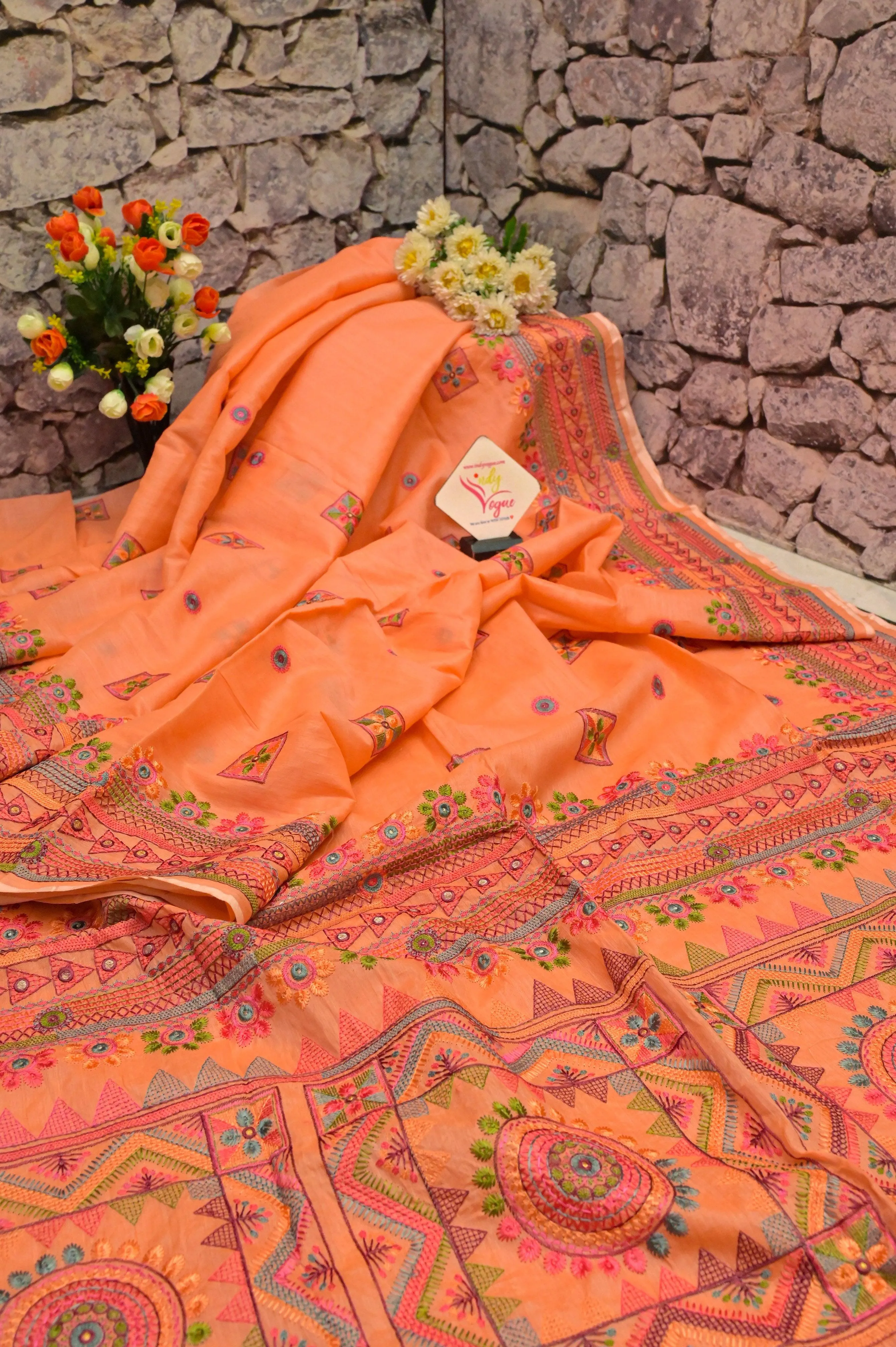 Peach Color Half Tussar Saree with Lambani Embroidery