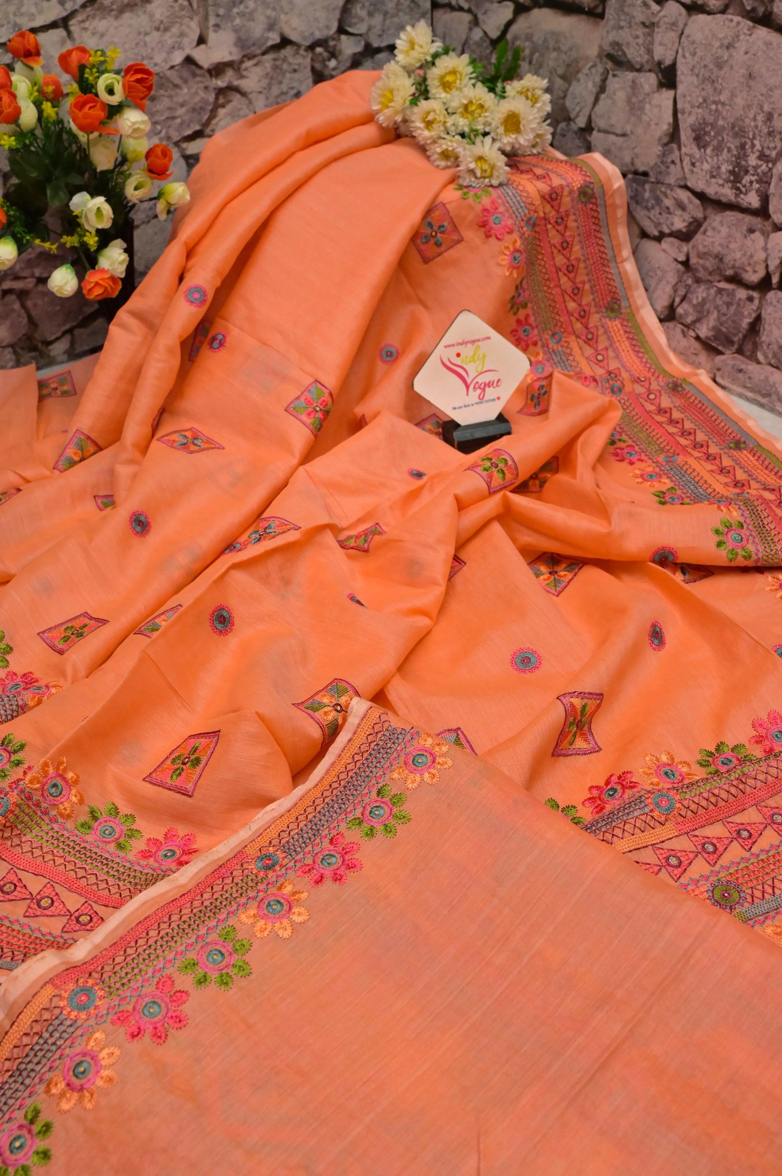 Peach Color Half Tussar Saree with Lambani Embroidery