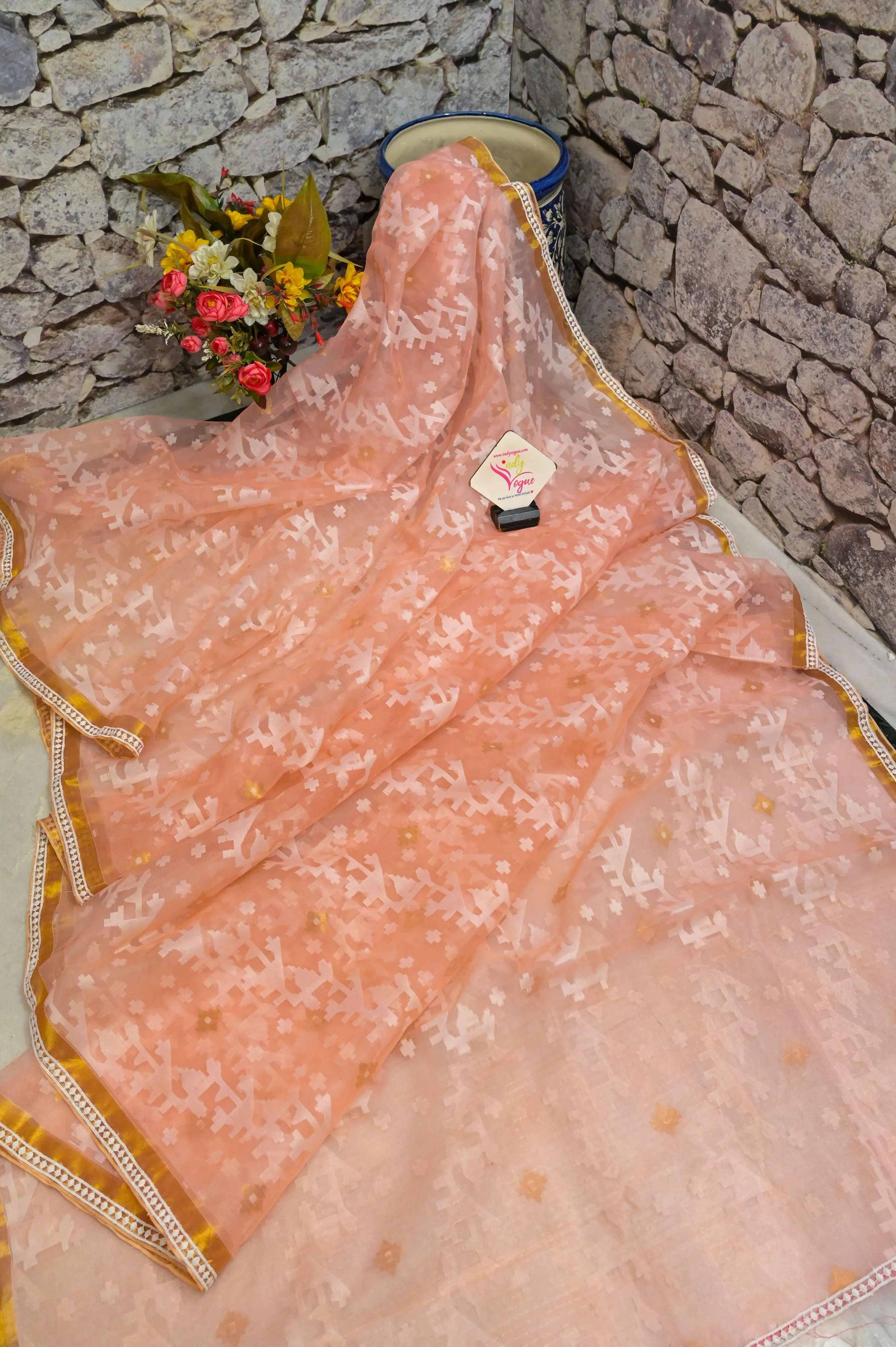 Peach Color Muslin Jamdani Saree with Zari and Lace Work