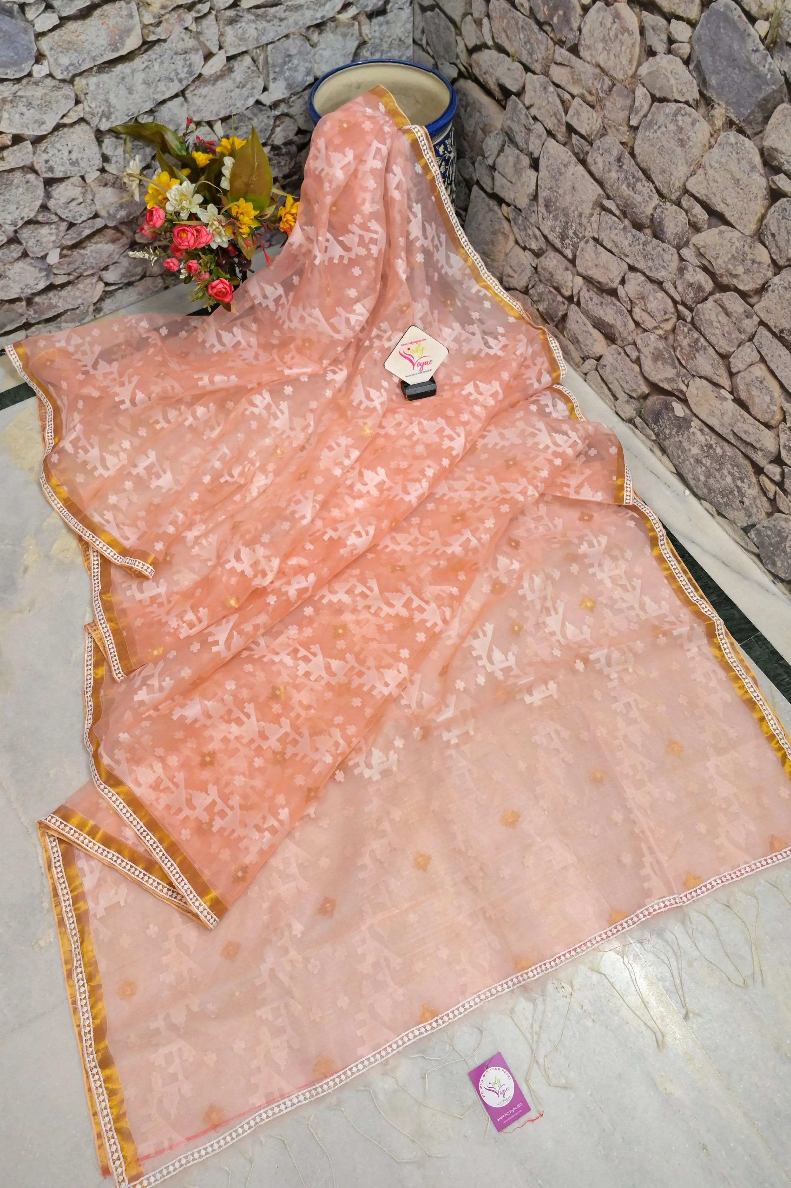 Peach Color Muslin Jamdani Saree with Zari and Lace Work