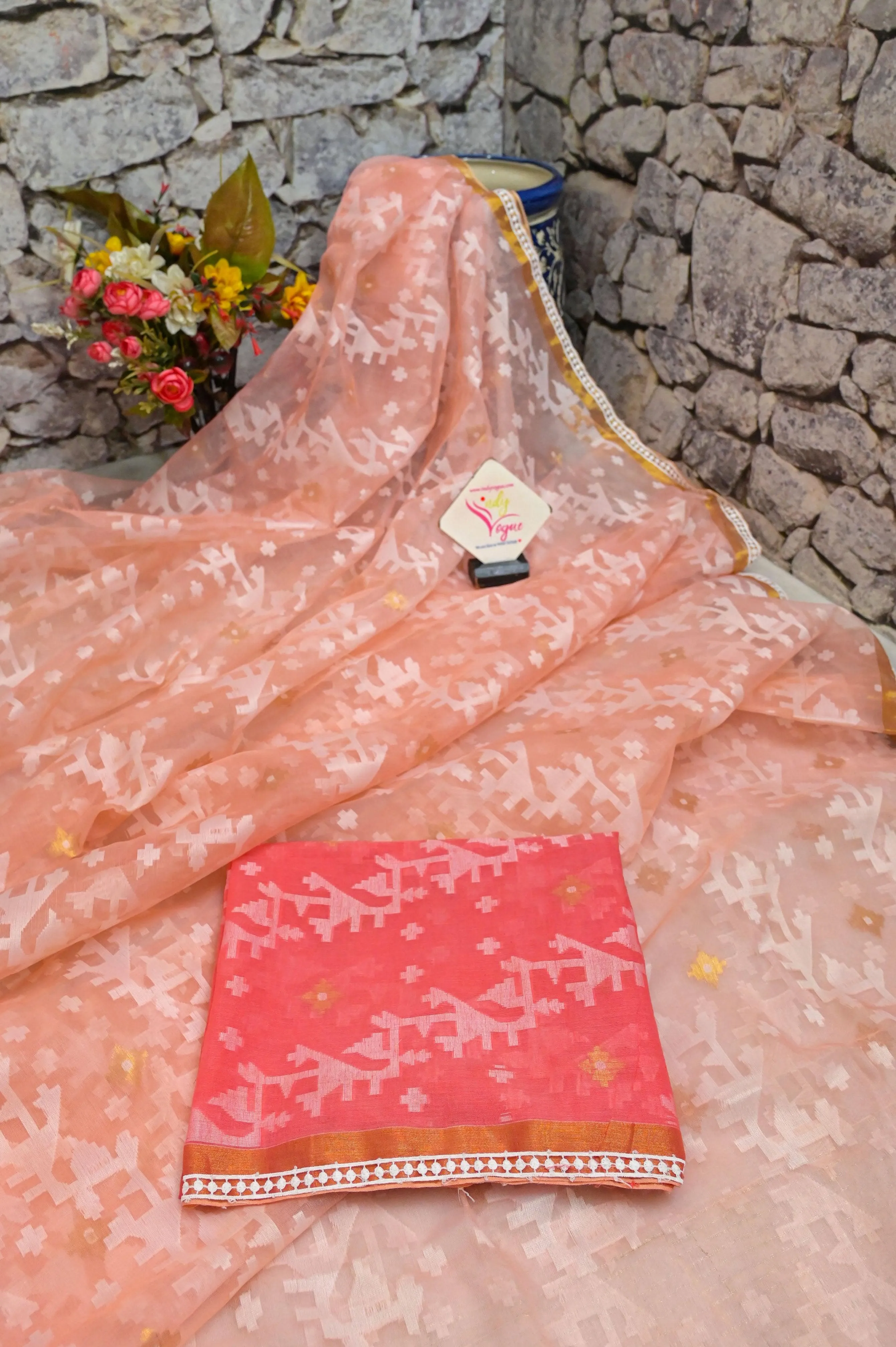 Peach Color Muslin Jamdani Saree with Zari and Lace Work