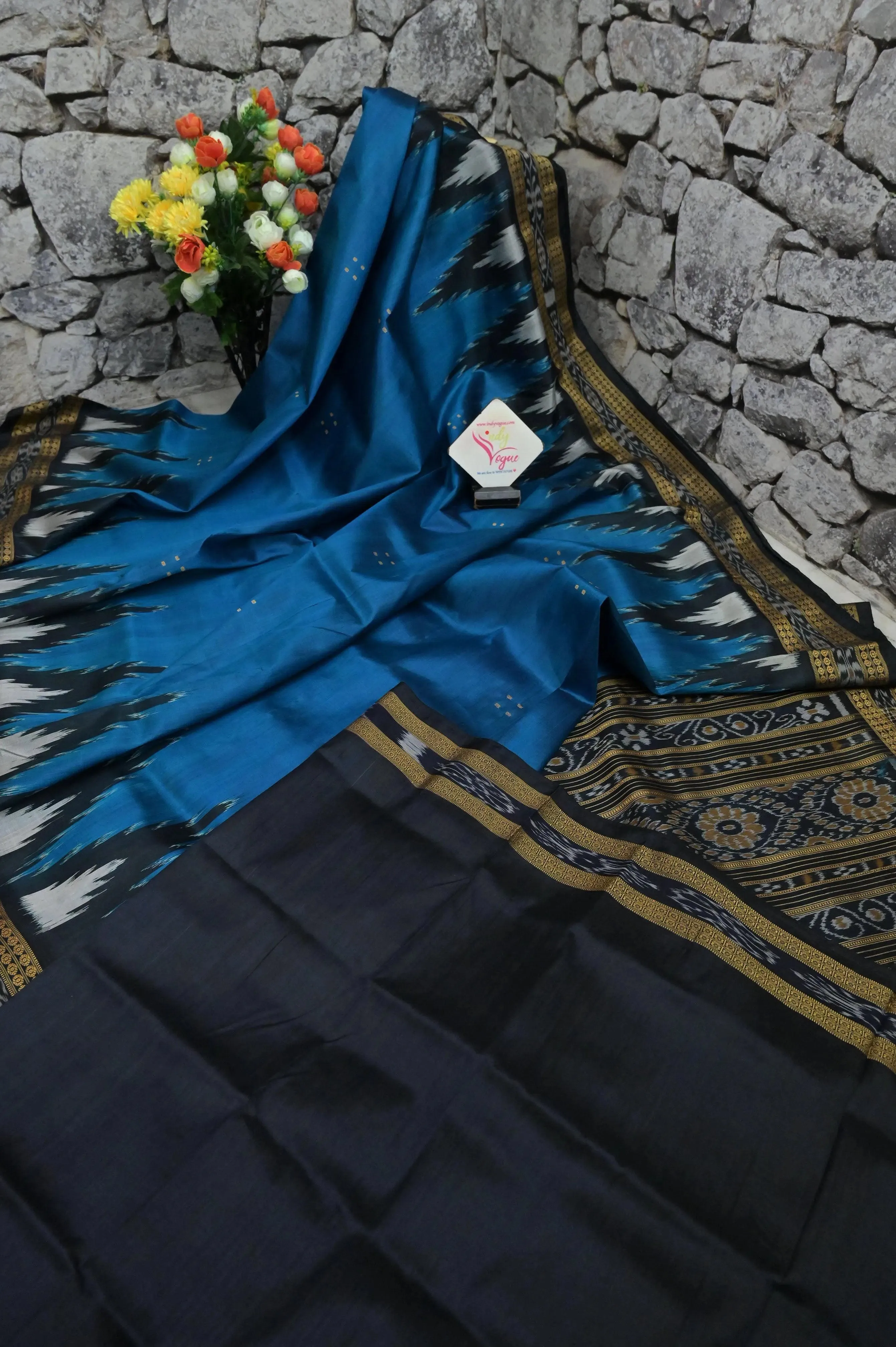 Peacock Blue Color Sambalpuri Silk Saree with Temple Border and Buti Work