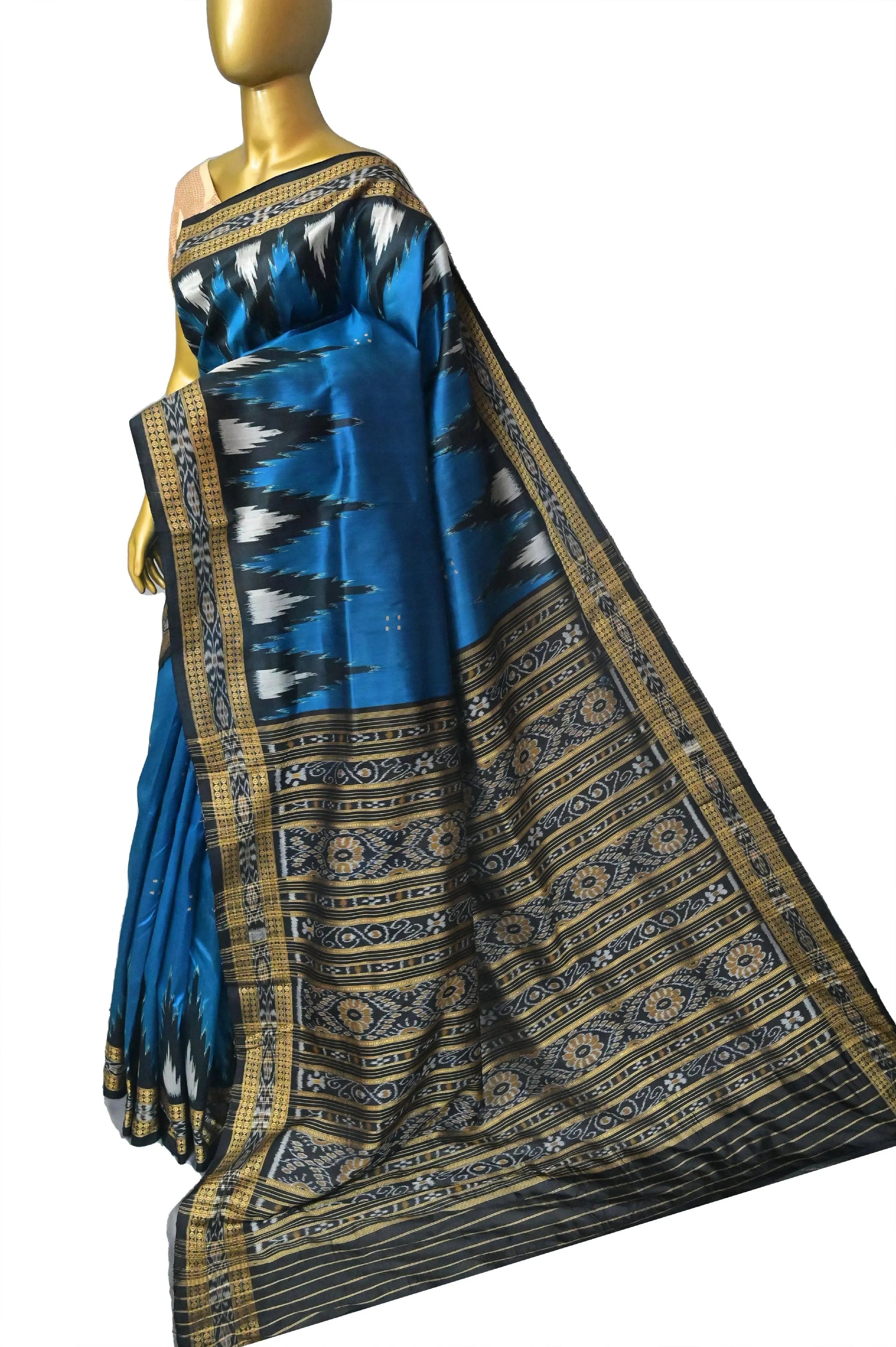 Peacock Blue Color Sambalpuri Silk Saree with Temple Border and Buti Work