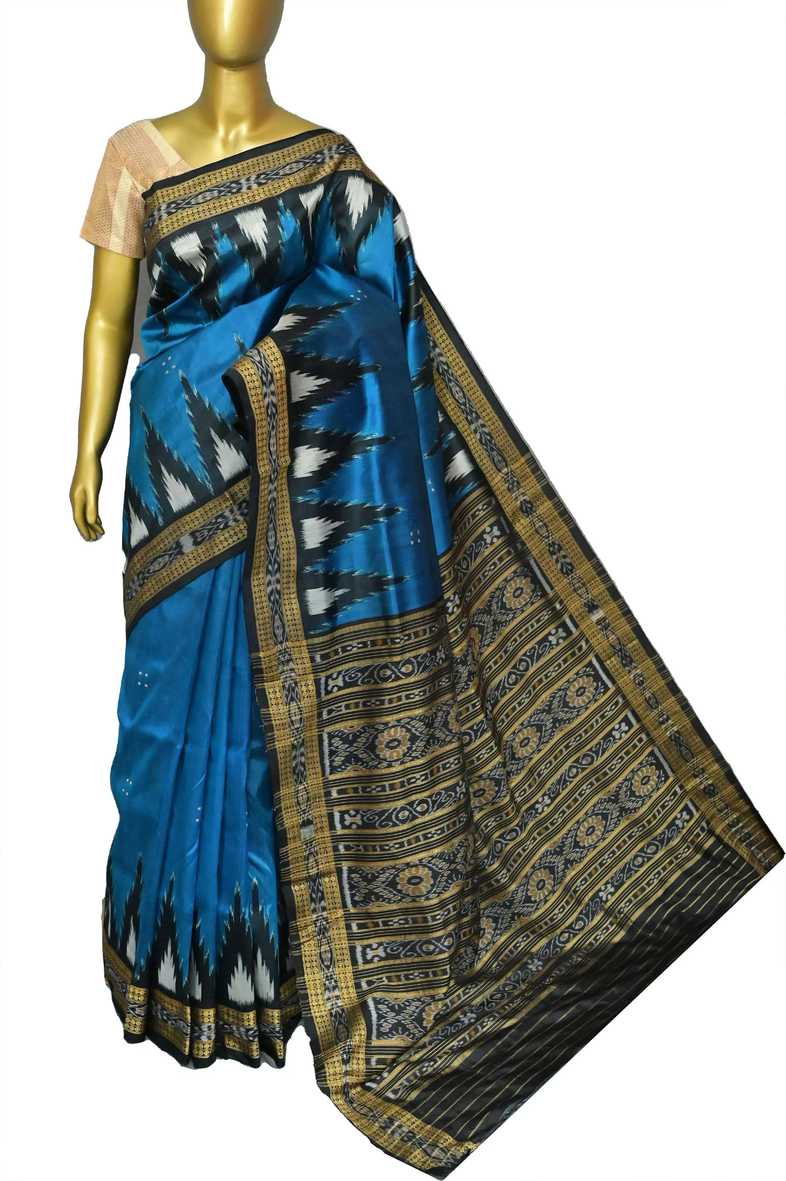 Peacock Blue Color Sambalpuri Silk Saree with Temple Border and Buti Work