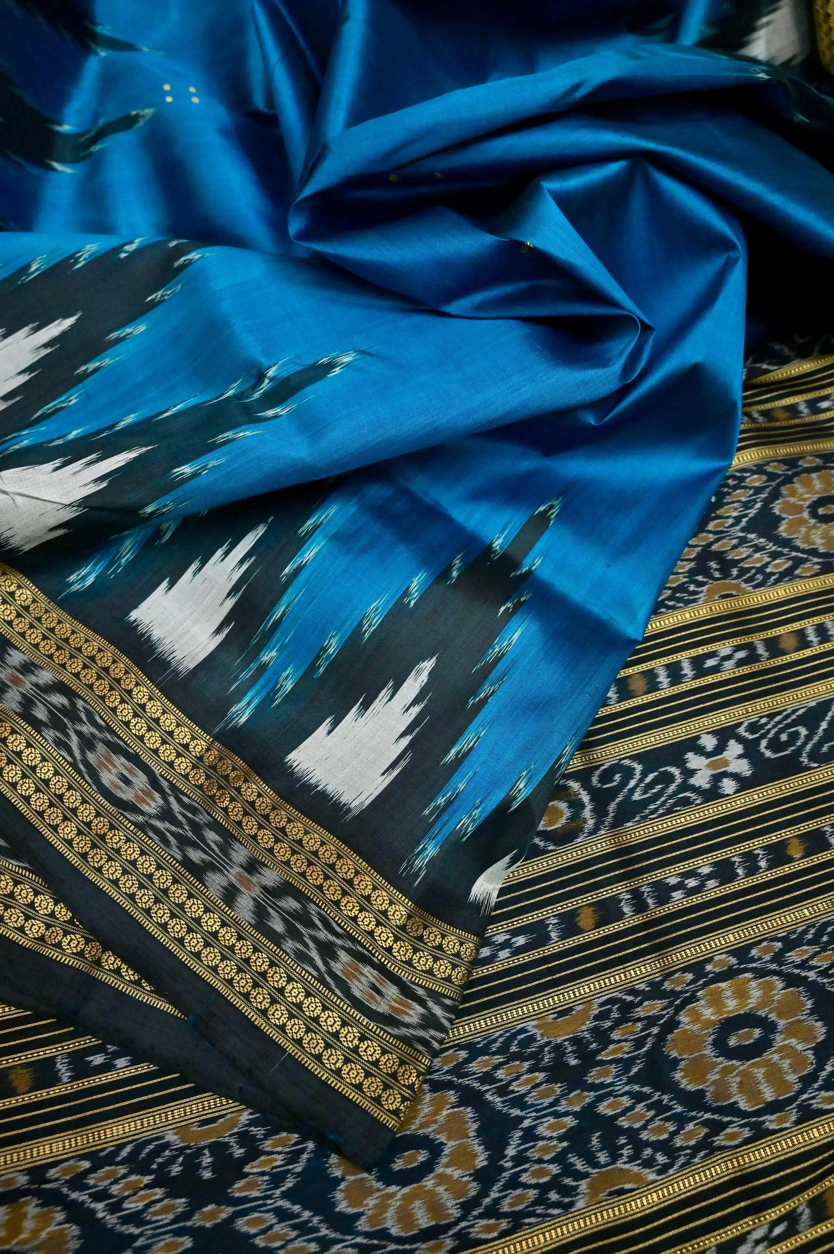 Peacock Blue Color Sambalpuri Silk Saree with Temple Border and Buti Work