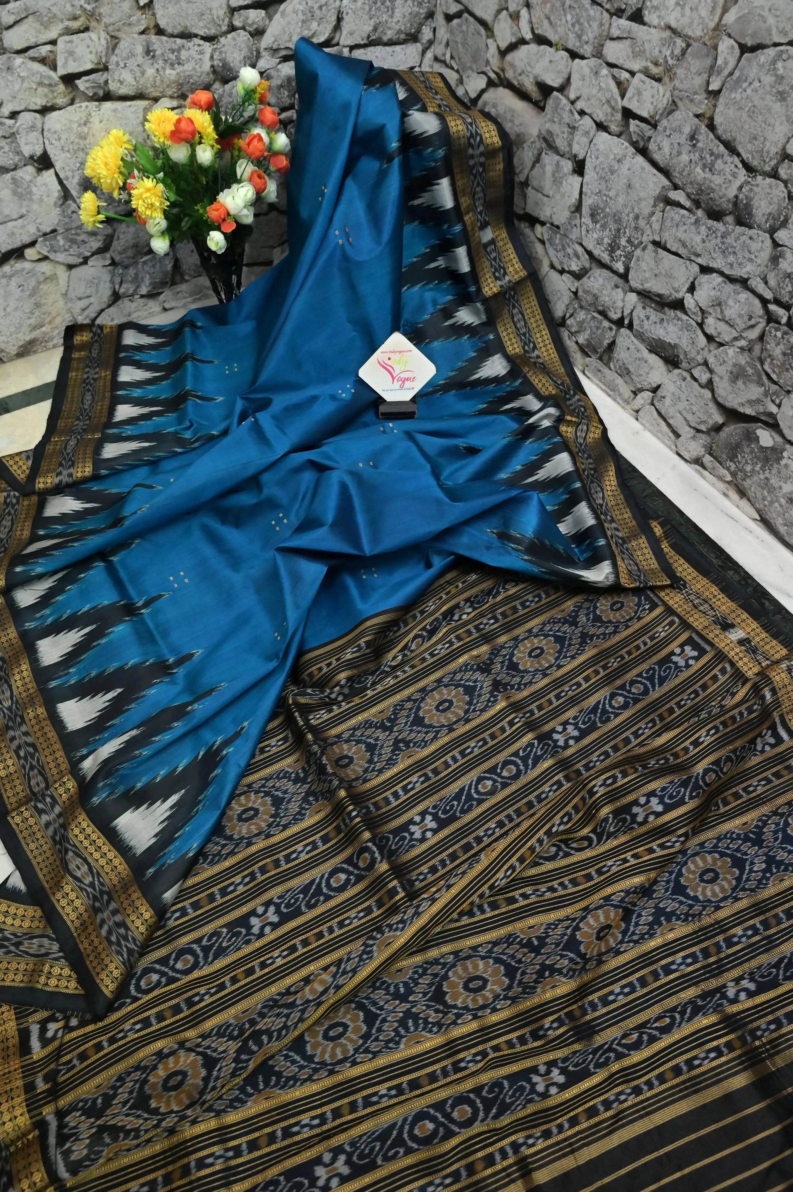 Peacock Blue Color Sambalpuri Silk Saree with Temple Border and Buti Work