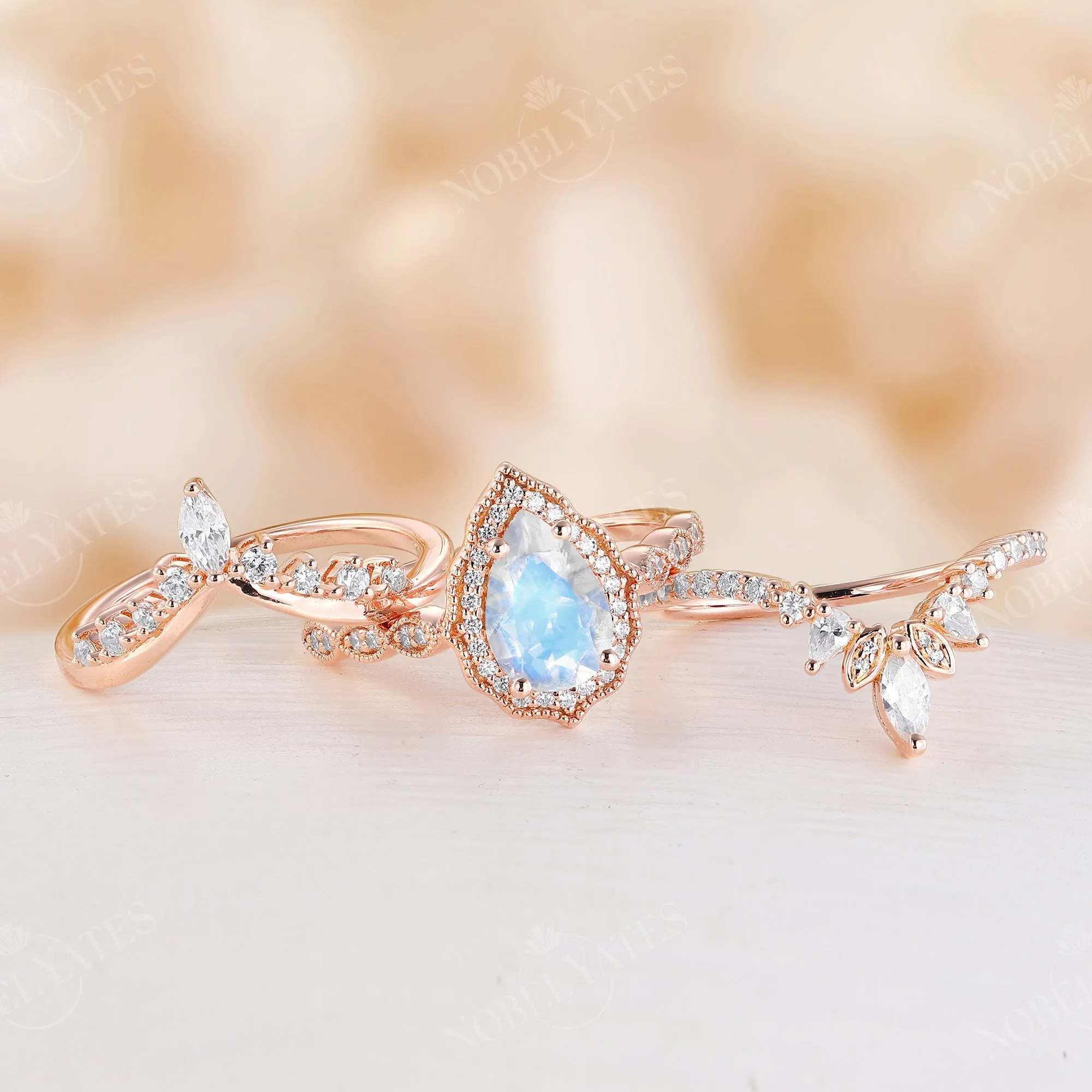 Pear Moonstone Vintage Milgrain & Halo Engagement Ring Set Rose Gold