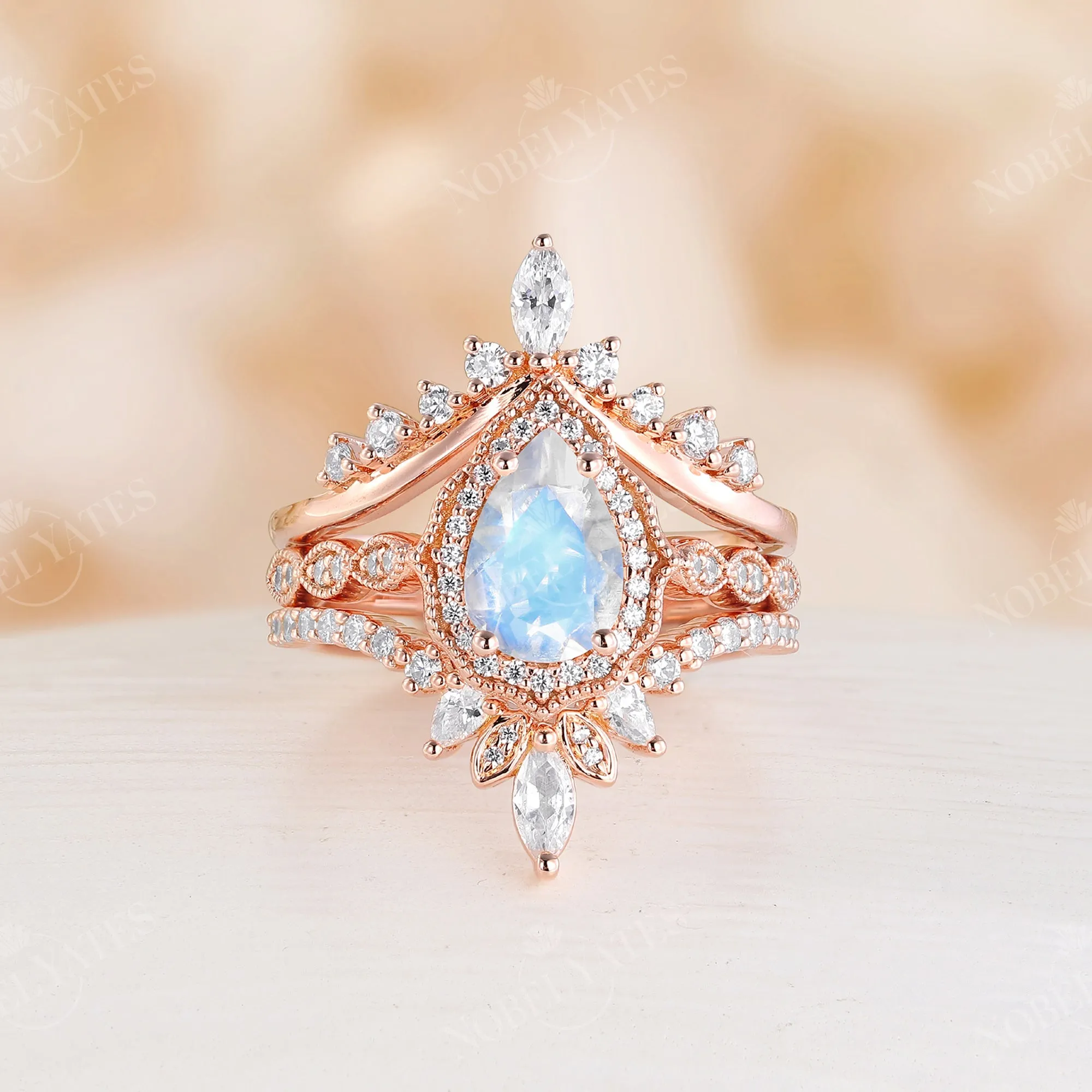 Pear Moonstone Vintage Milgrain & Halo Engagement Ring Set Rose Gold