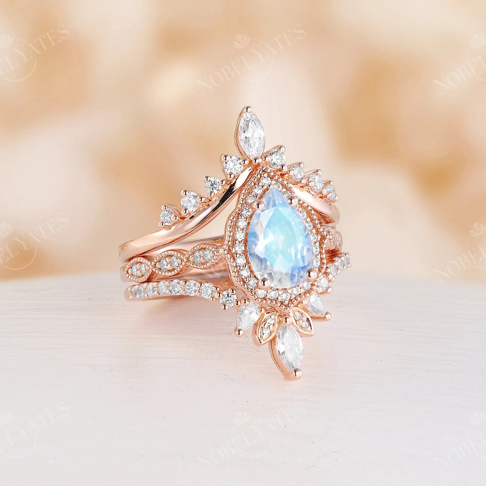 Pear Moonstone Vintage Milgrain & Halo Engagement Ring Set Rose Gold