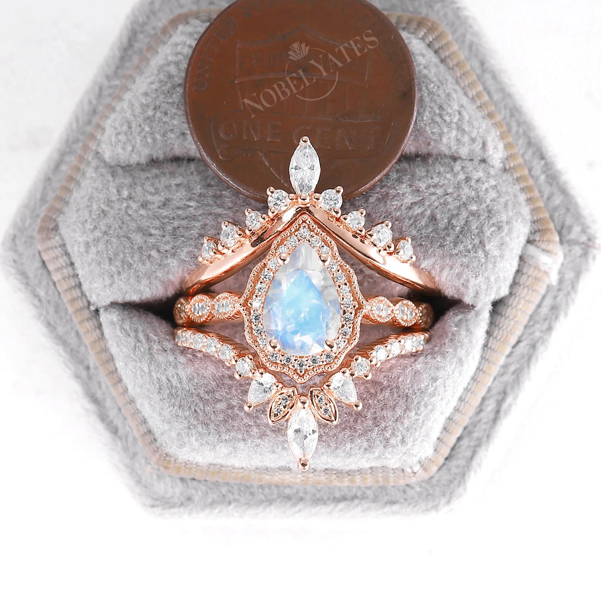 Pear Moonstone Vintage Milgrain & Halo Engagement Ring Set Rose Gold