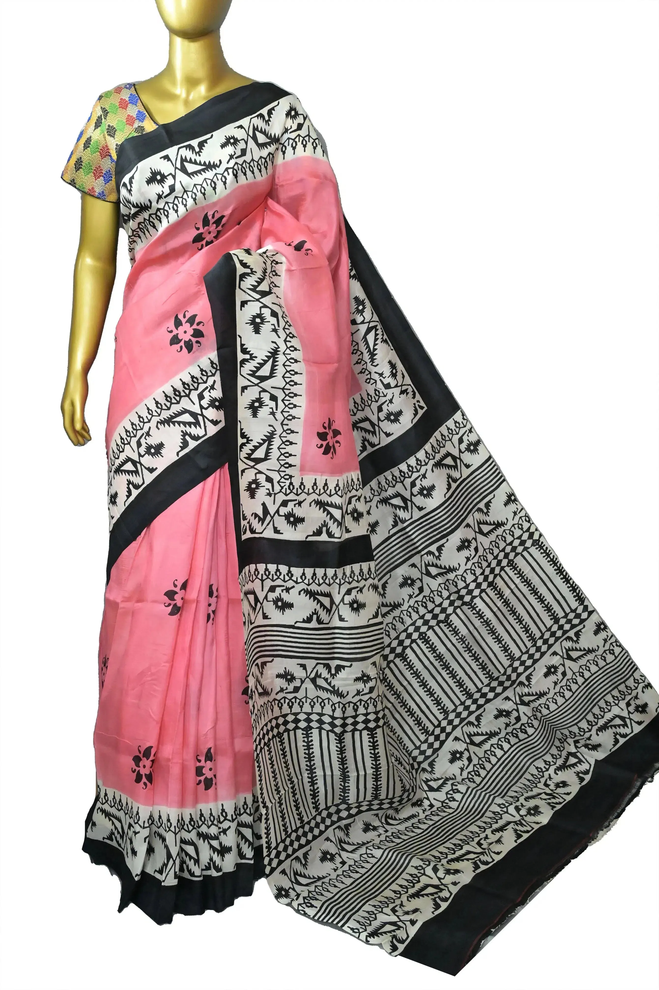 Pink and Black Color Pure Bishnupur Silk Saree with Jamdani Hand Block Print