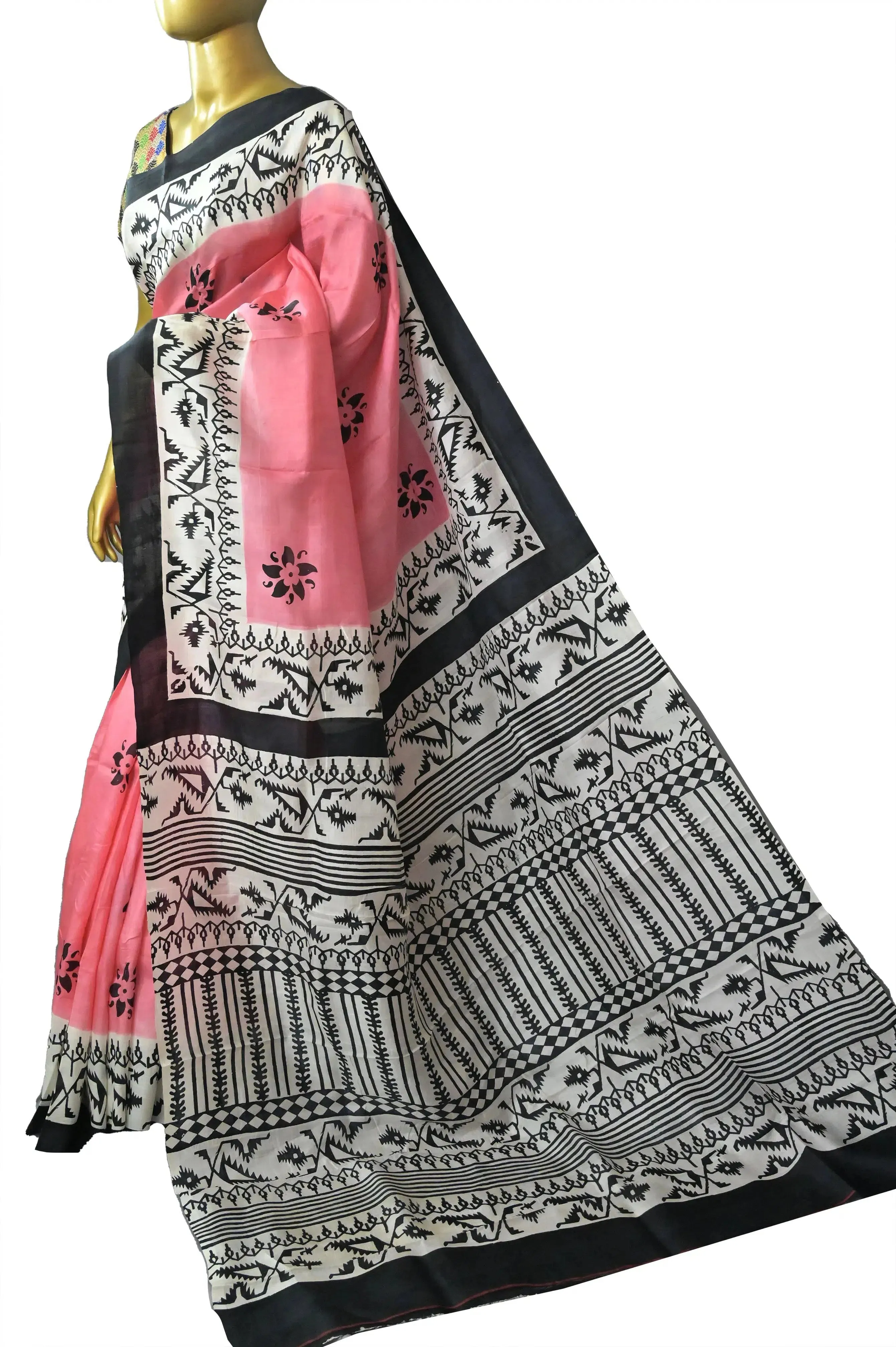 Pink and Black Color Pure Bishnupur Silk Saree with Jamdani Hand Block Print