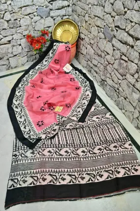 Pink and Black Color Pure Bishnupur Silk Saree with Jamdani Hand Block Print