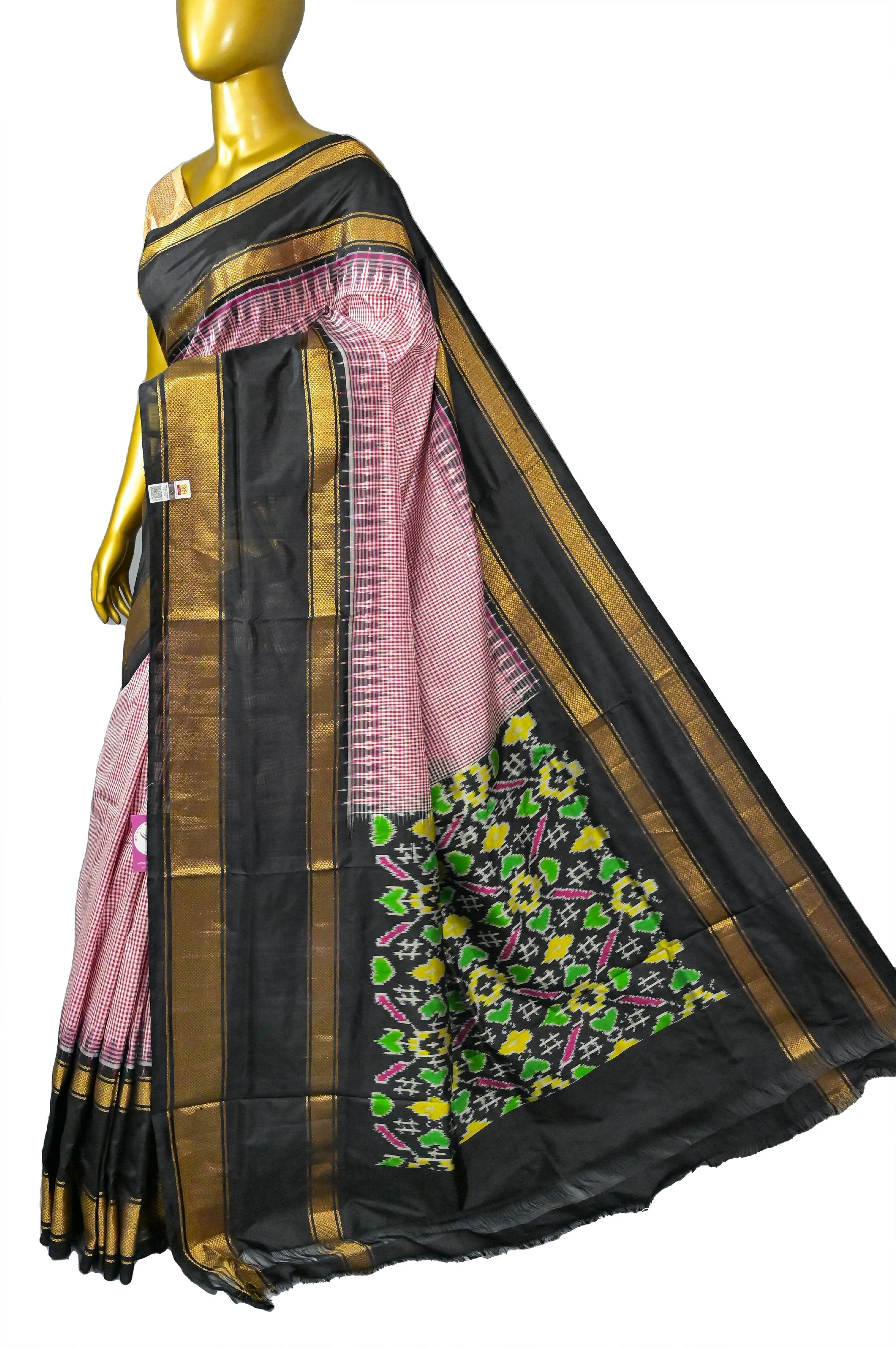 Pink and Black Color Pure Ikat Silk Saree with Check Work and Ikat Pallu