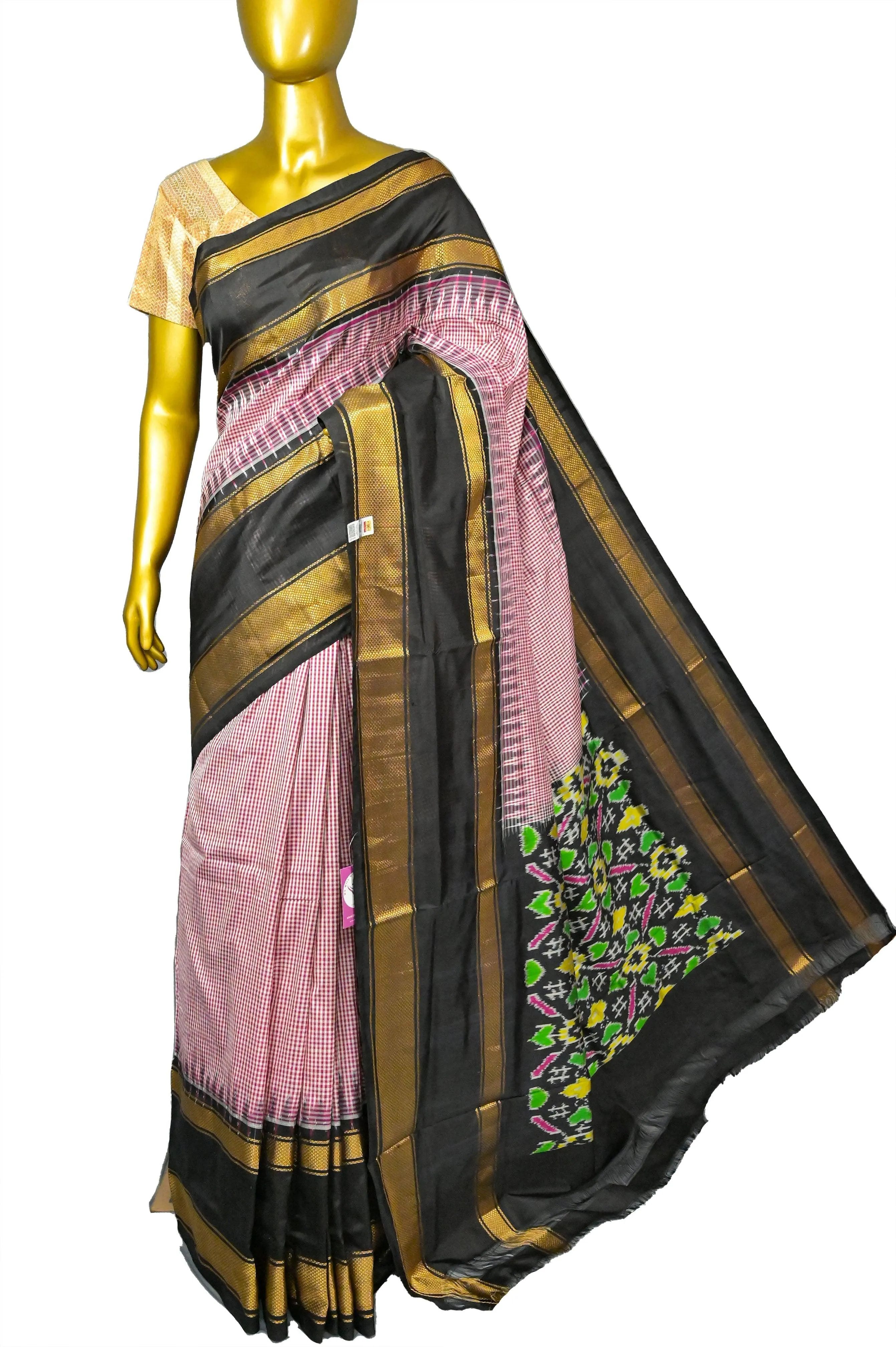 Pink and Black Color Pure Ikat Silk Saree with Check Work and Ikat Pallu