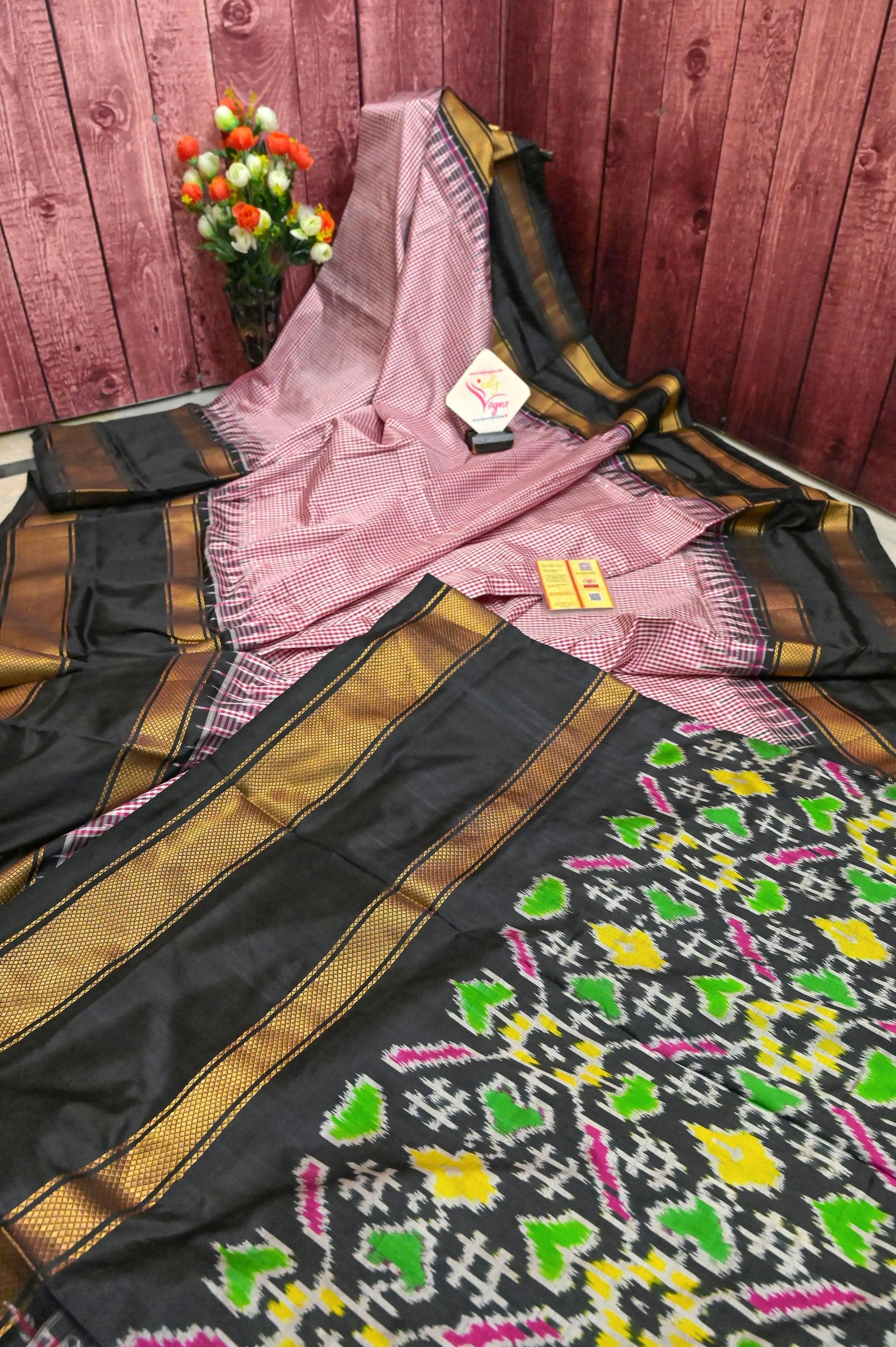 Pink and Black Color Pure Ikat Silk Saree with Check Work and Ikat Pallu