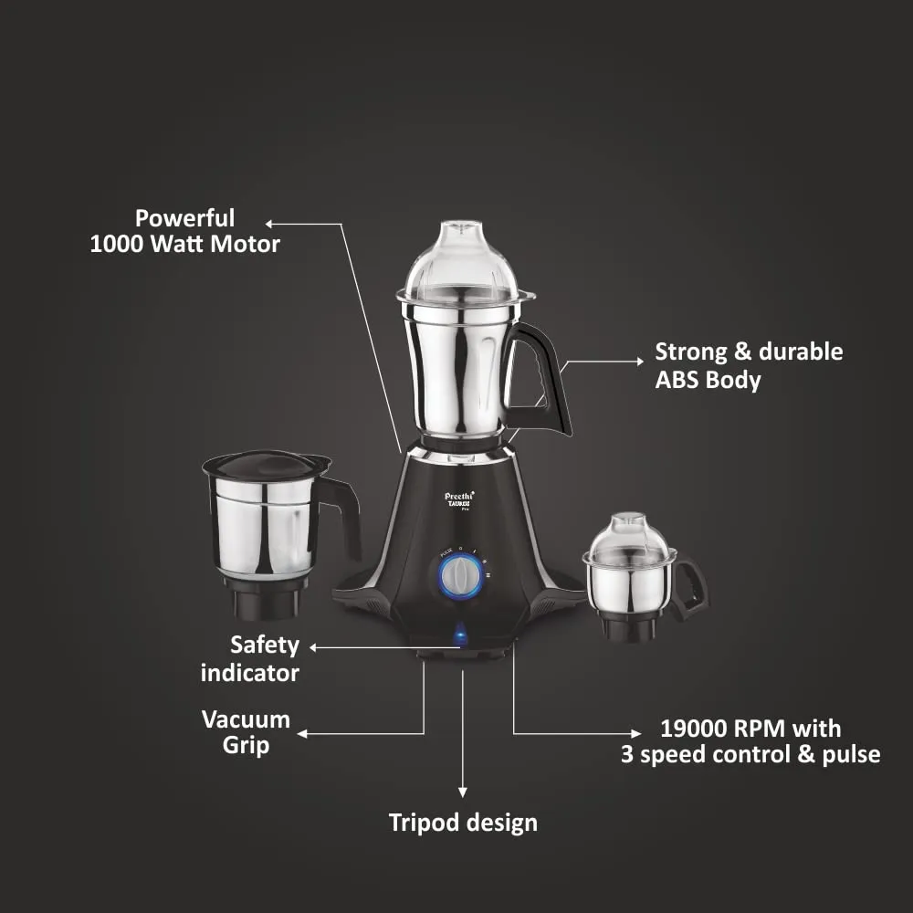 Preethi Taurus Pro MG-256 Mixer Grinder, 1000 watt, Black, 3 Jars