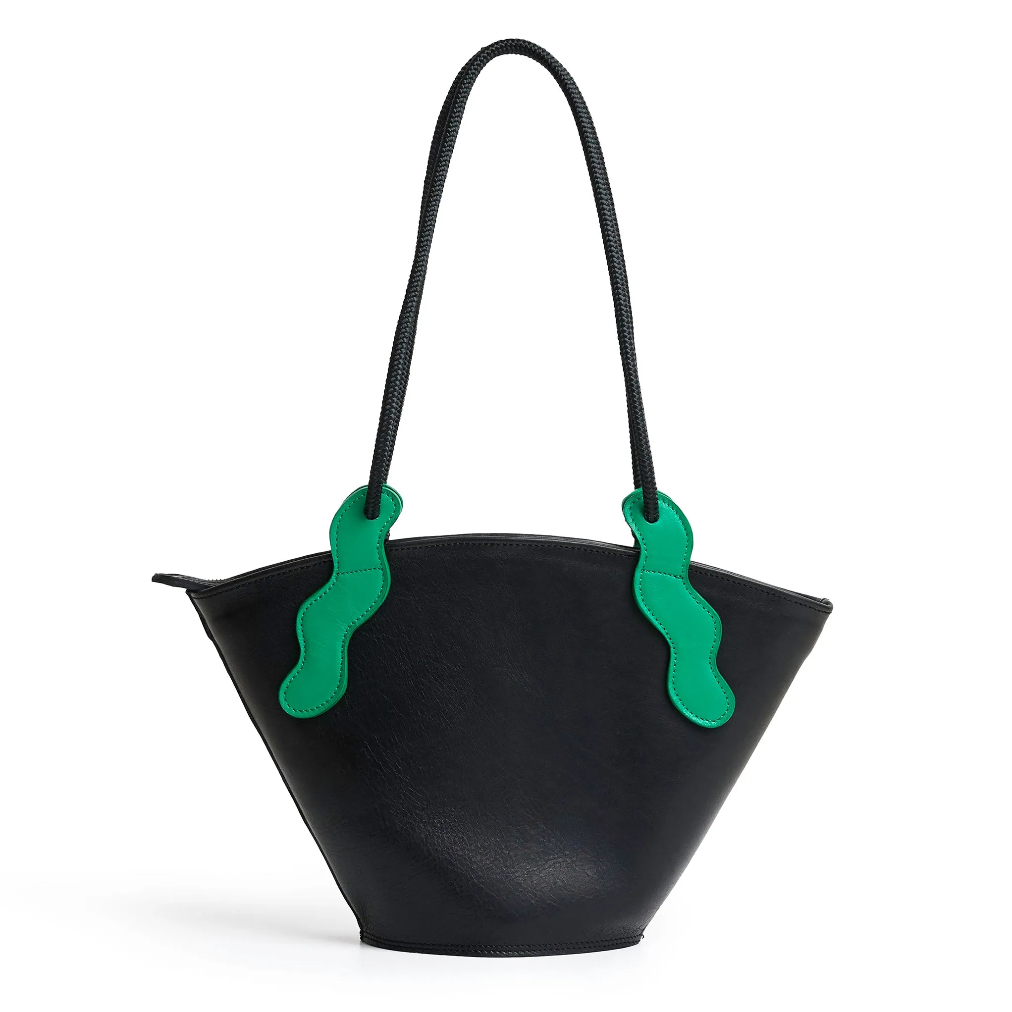 Project Dyad || Black Color trapeze-shaped cow leather Inner small pocket Rope handle Emele Zipper Bag