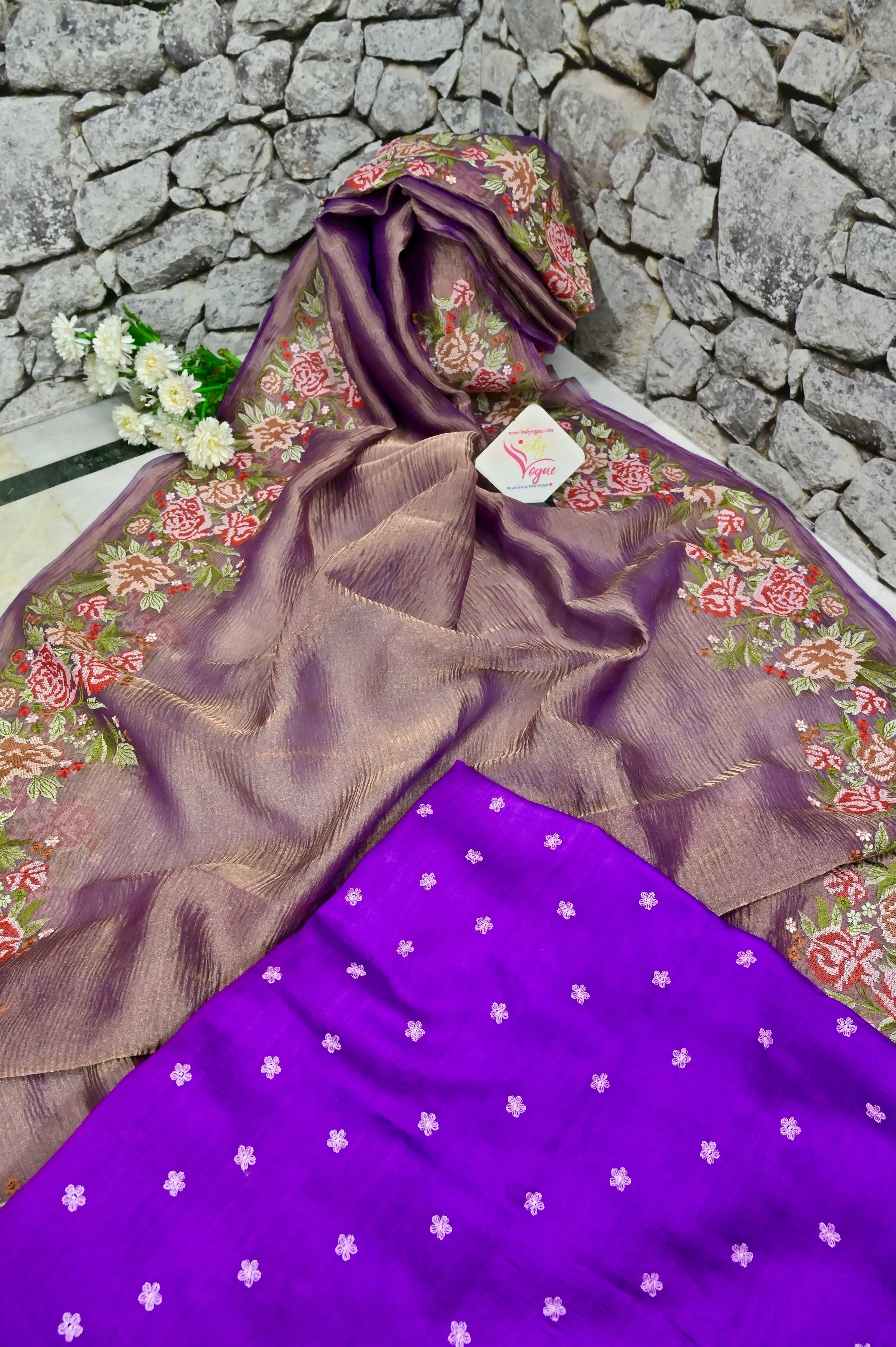 Purple and Golden Color Dual-Tone Crush Tissue Silk with Embroidery Work