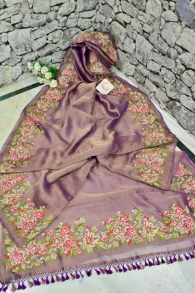 Purple and Golden Color Dual-Tone Crush Tissue Silk with Embroidery Work