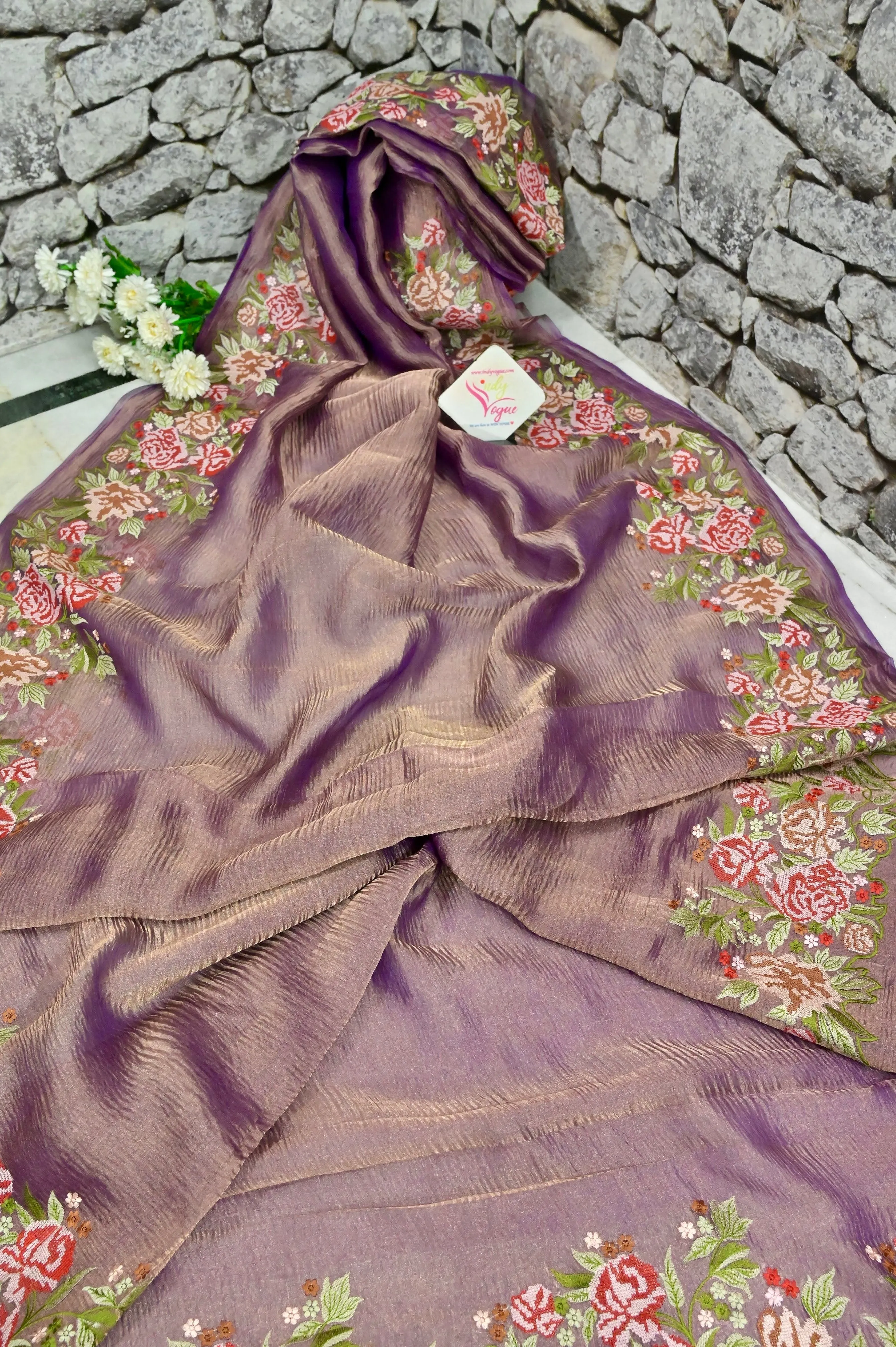 Purple and Golden Color Dual-Tone Crush Tissue Silk with Embroidery Work