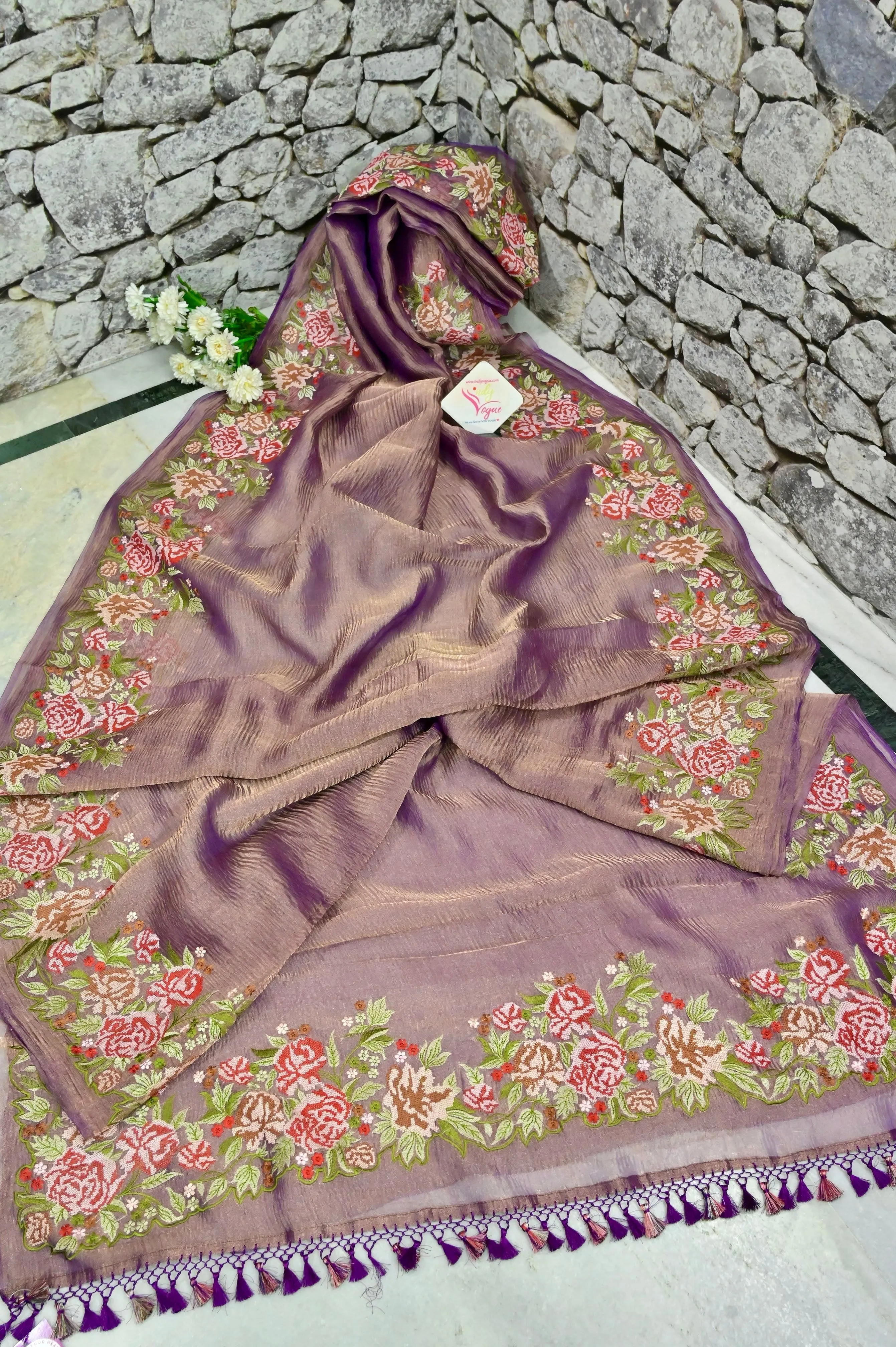 Purple and Golden Color Dual-Tone Crush Tissue Silk with Embroidery Work