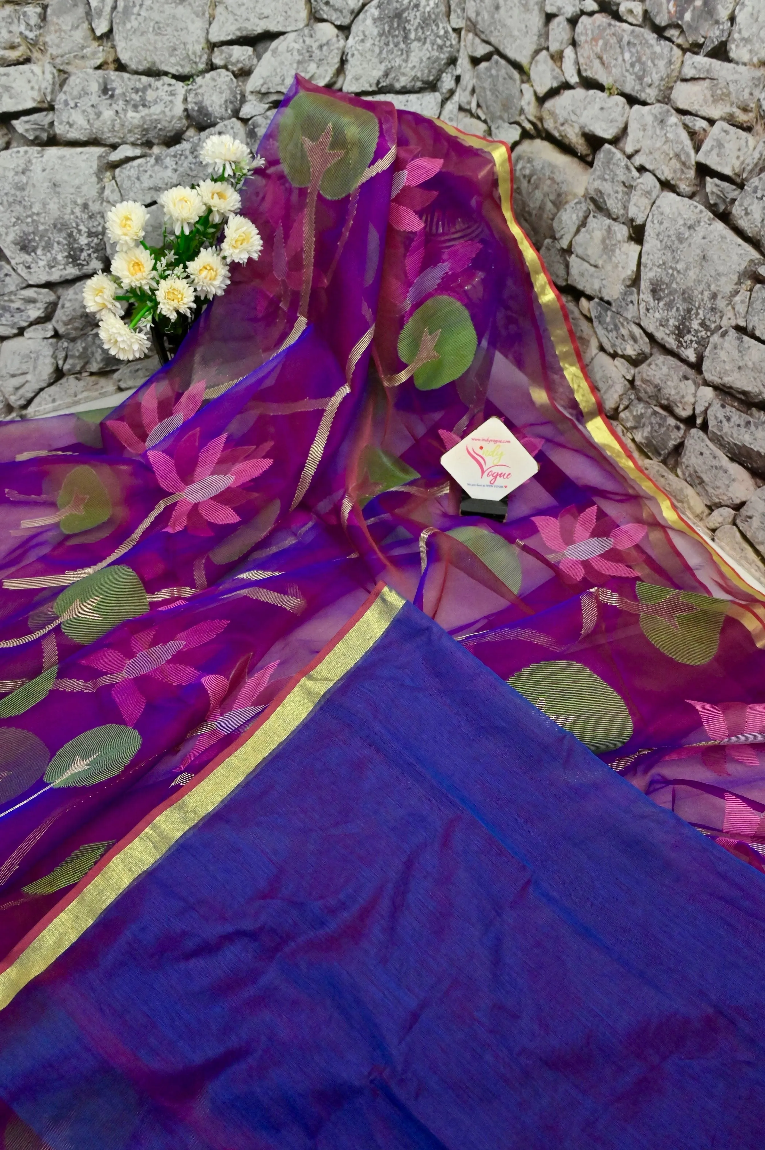 Purple Half and Half Muslin Jamdani Saree with Jamdani Weaving