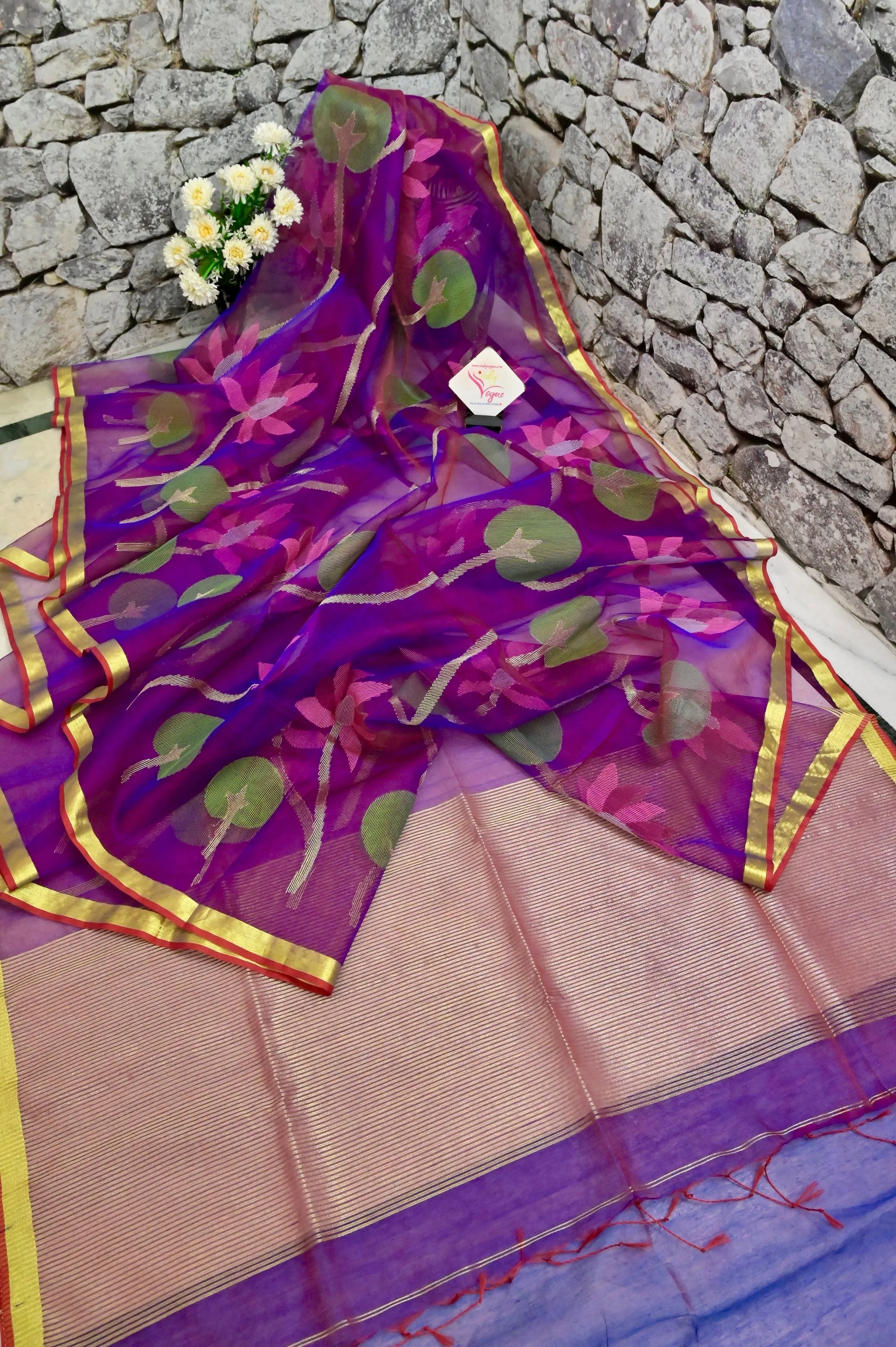 Purple Half and Half Muslin Jamdani Saree with Jamdani Weaving