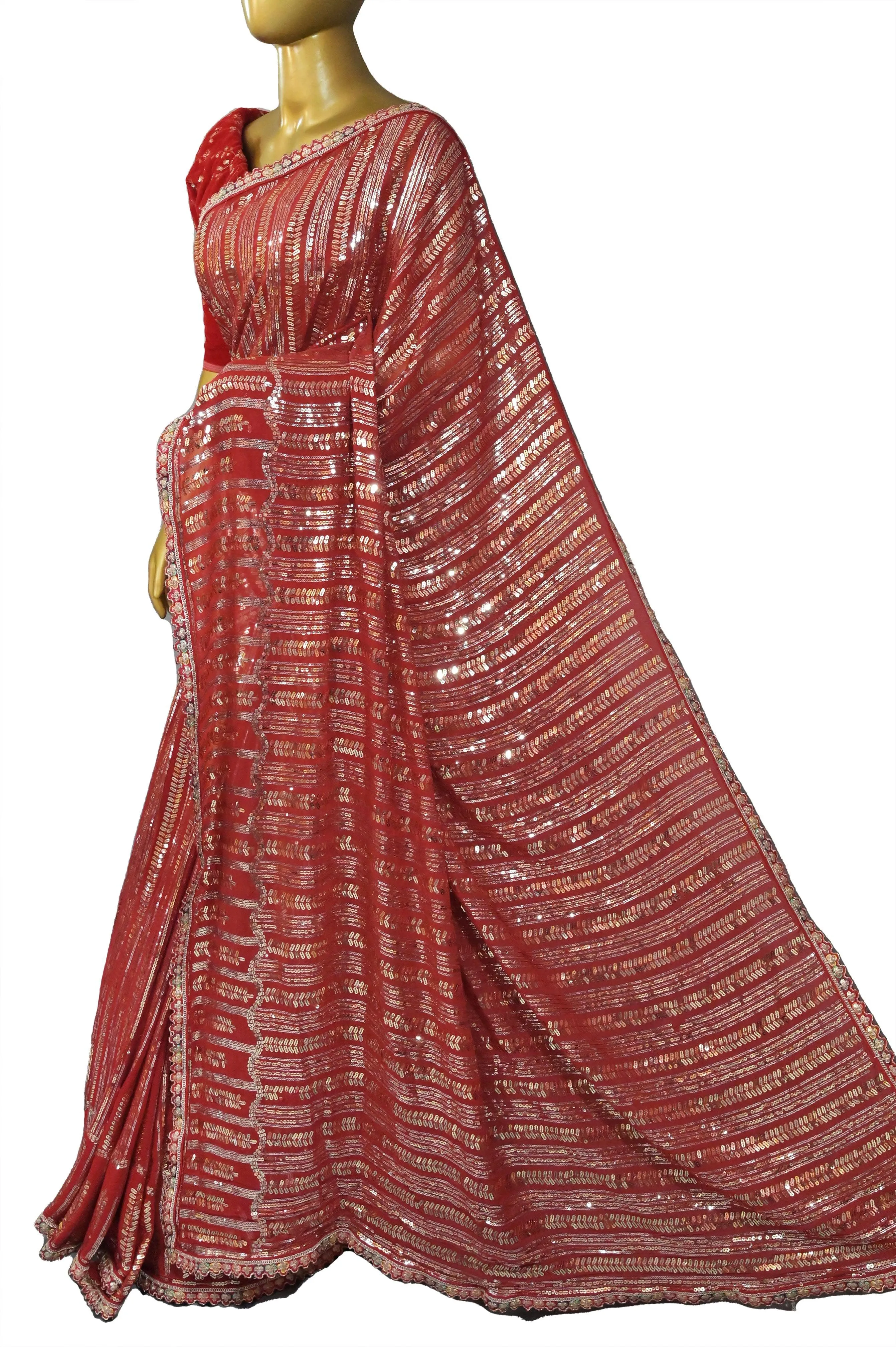 Red Color Designer Georgette Saree with Sequin Weaving and Designer Zari Border