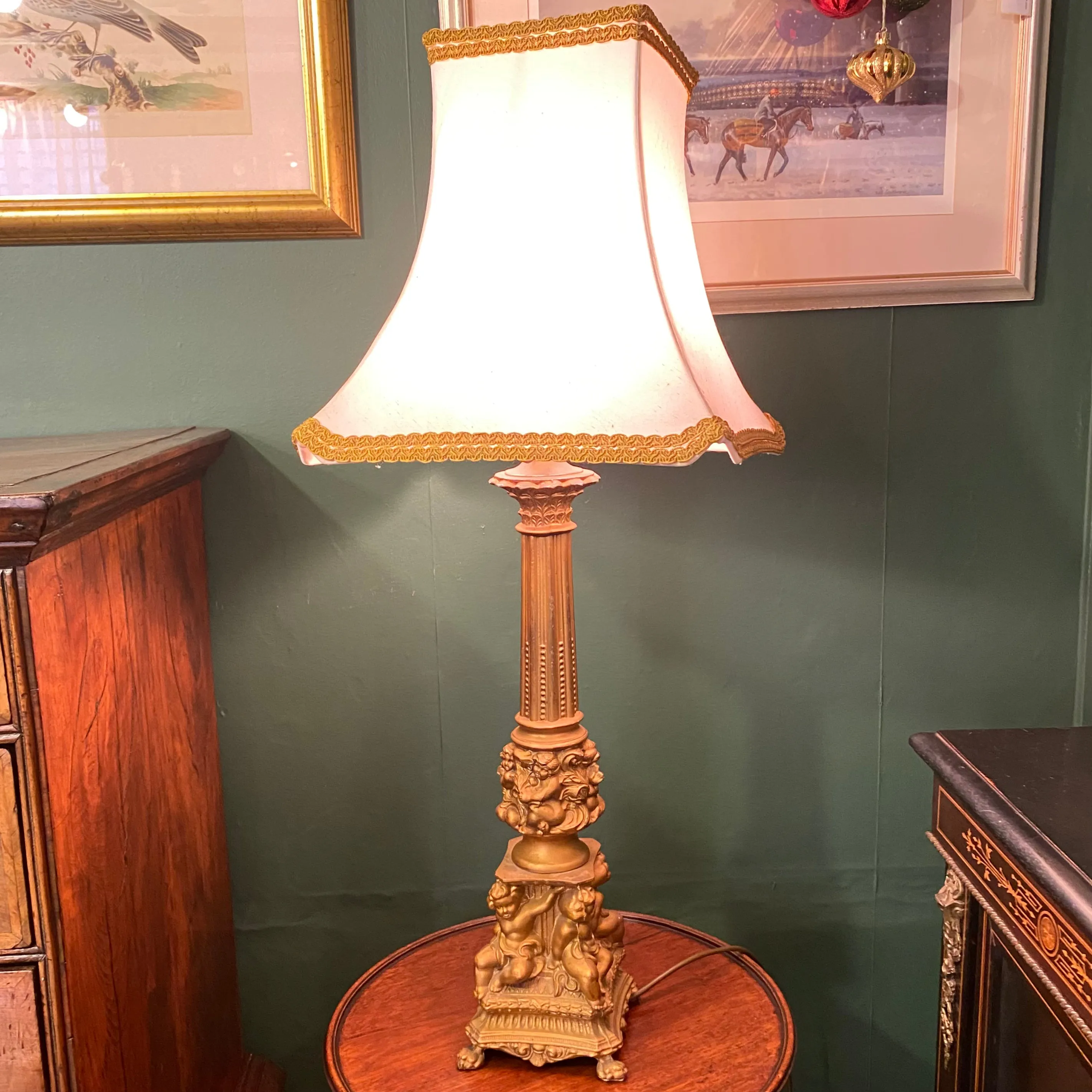 Regency Style Cherub Gilt Metal Lamp With Cream Shade Vintage c1970