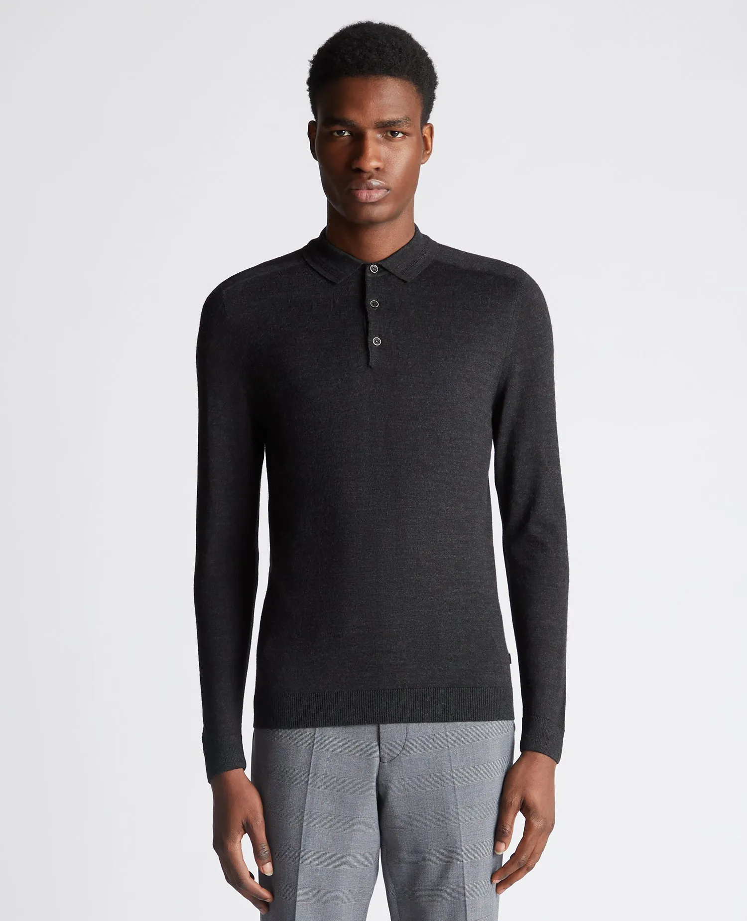 REMUS UOMO Long Sleeve Knitted Polo Shirt/Charcoal- Winter 23/24 Version