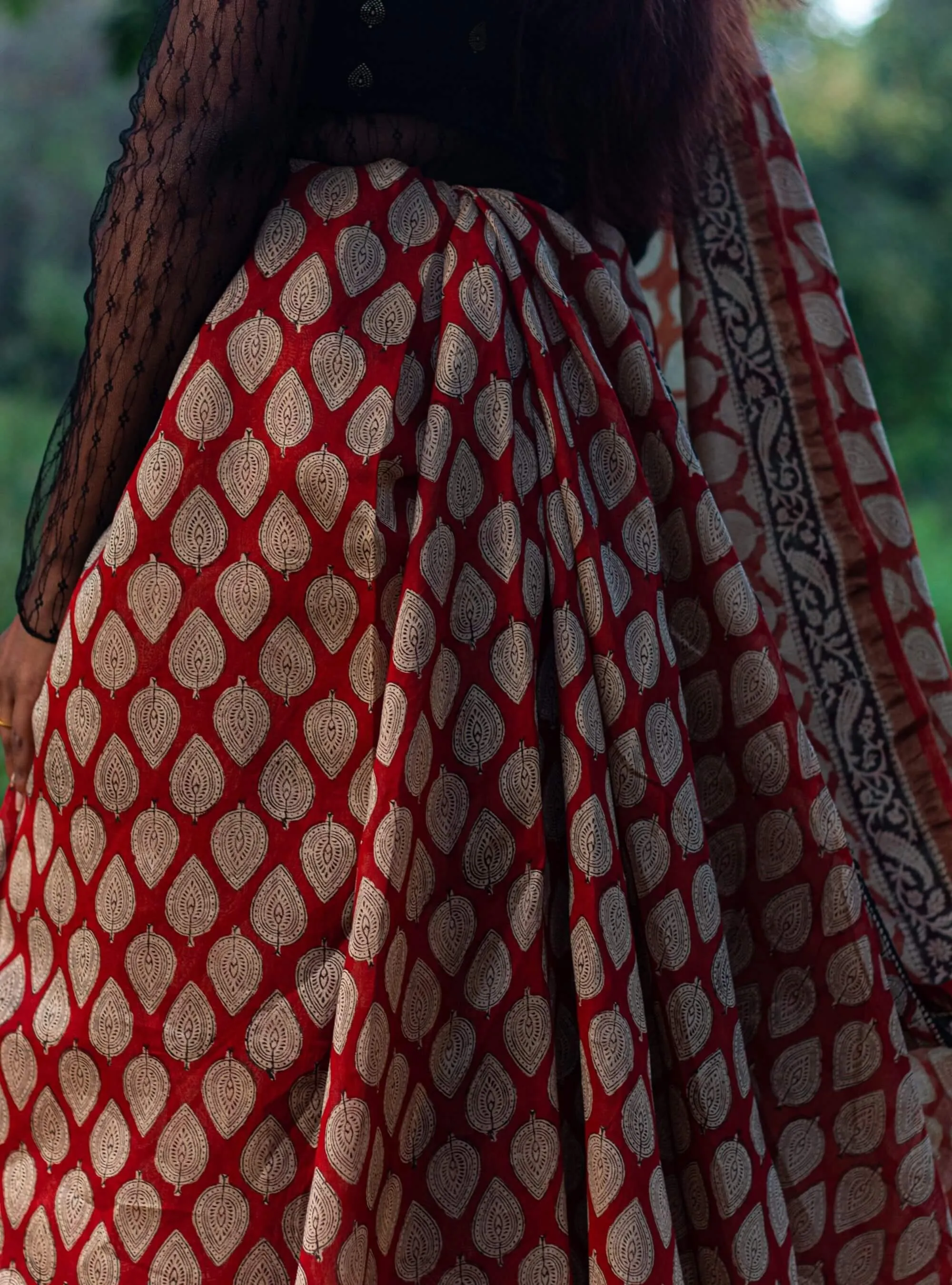 Roheda Bagru Syahi Begar leaf Chanderi Saree