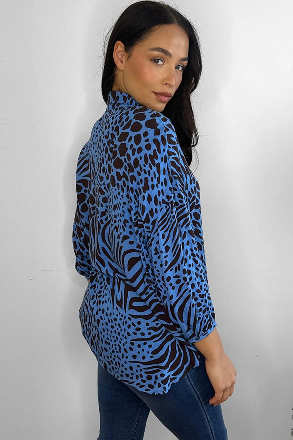 Royal Blue Mixed Animal Print Chiffon Shirt Blouse