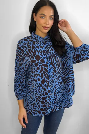 Royal Blue Mixed Animal Print Chiffon Shirt Blouse