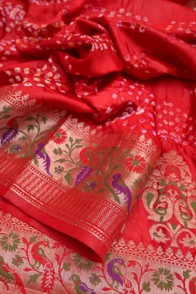 Royal Red Color Dupion Silk Saree with Hand Bandhani and Paithani Design