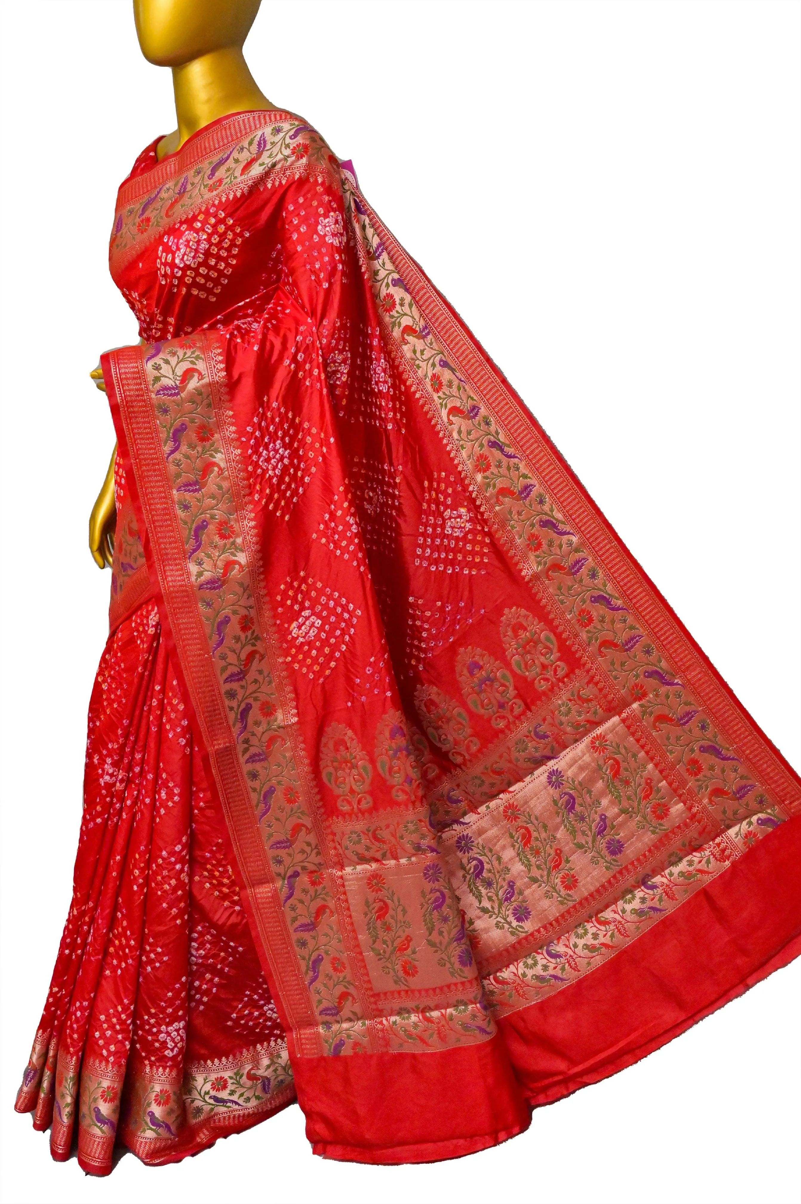 Royal Red Color Dupion Silk Saree with Hand Bandhani and Paithani Design