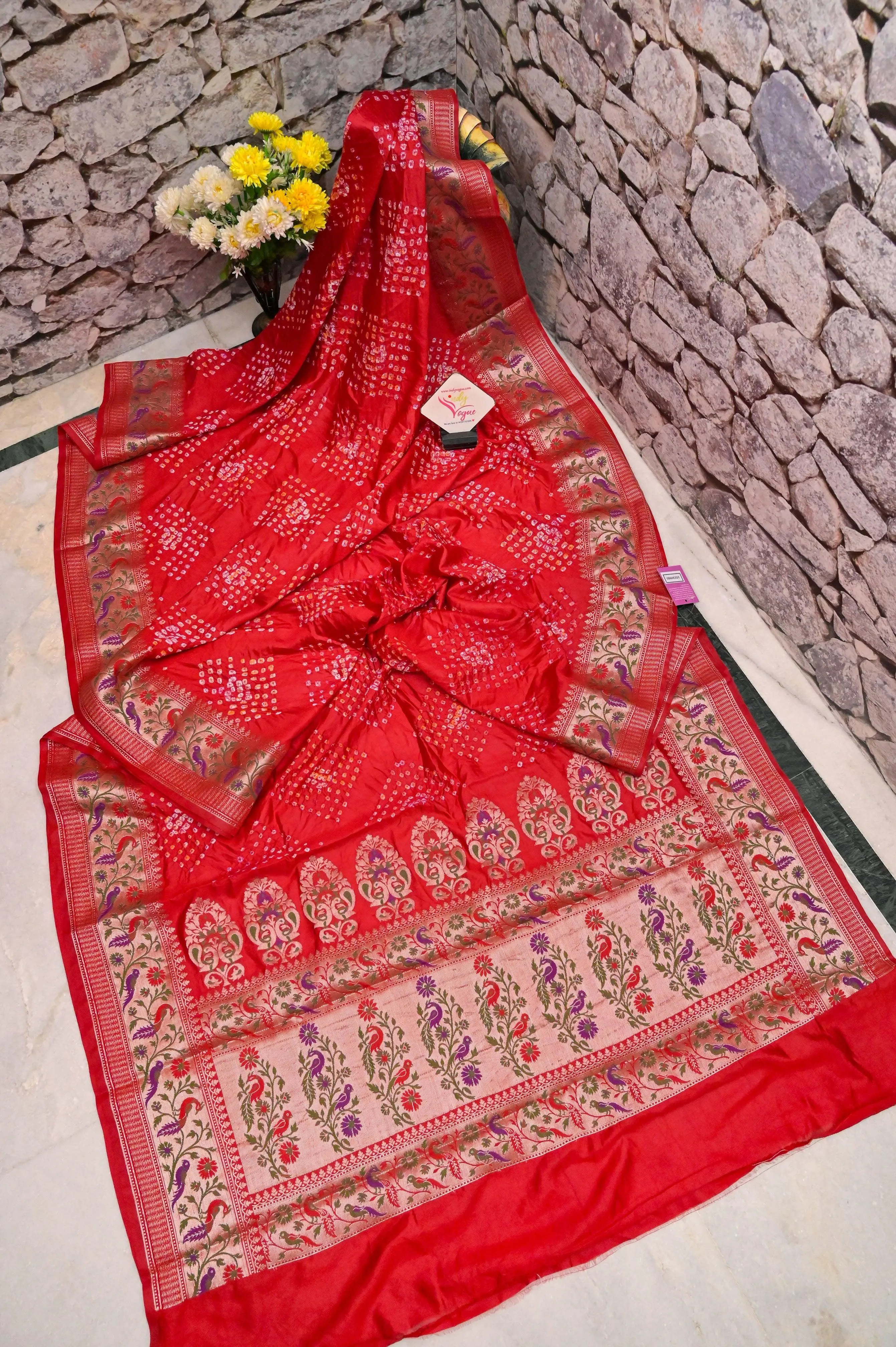 Royal Red Color Dupion Silk Saree with Hand Bandhani and Paithani Design