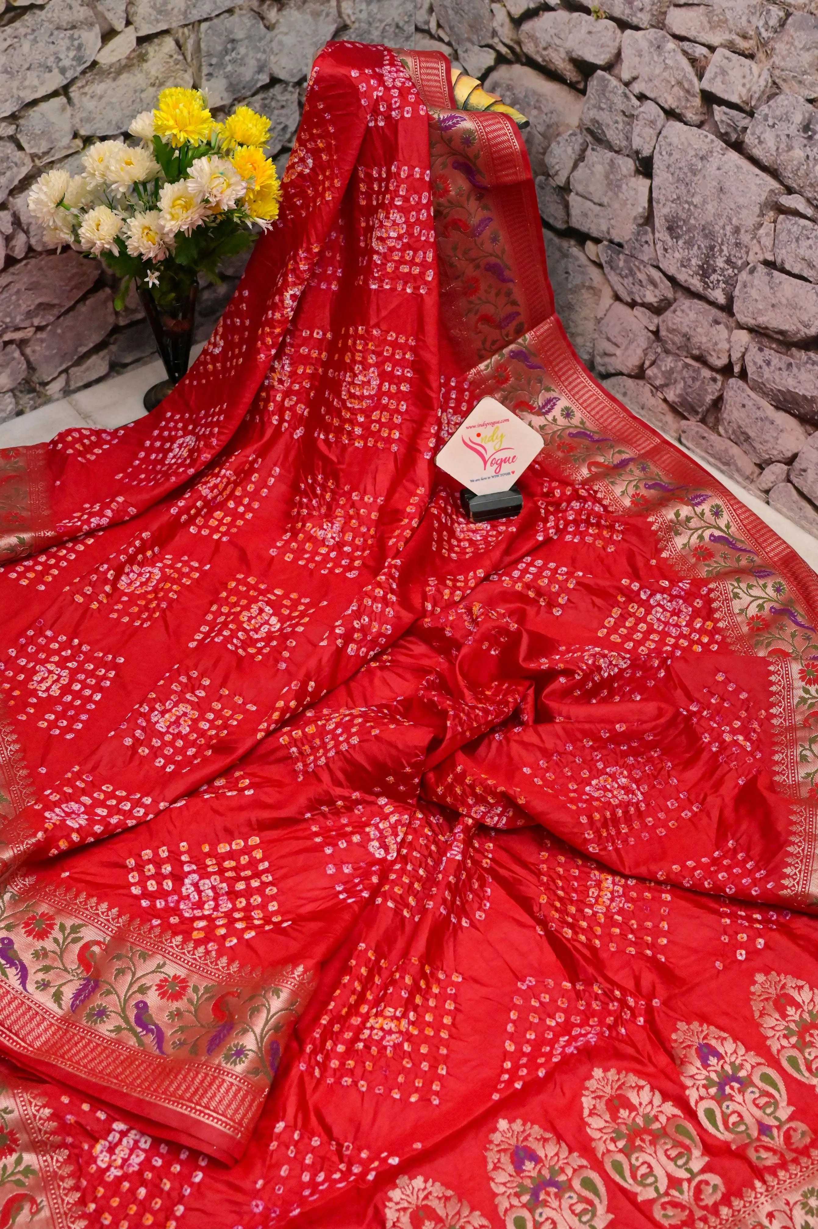 Royal Red Color Dupion Silk Saree with Hand Bandhani and Paithani Design