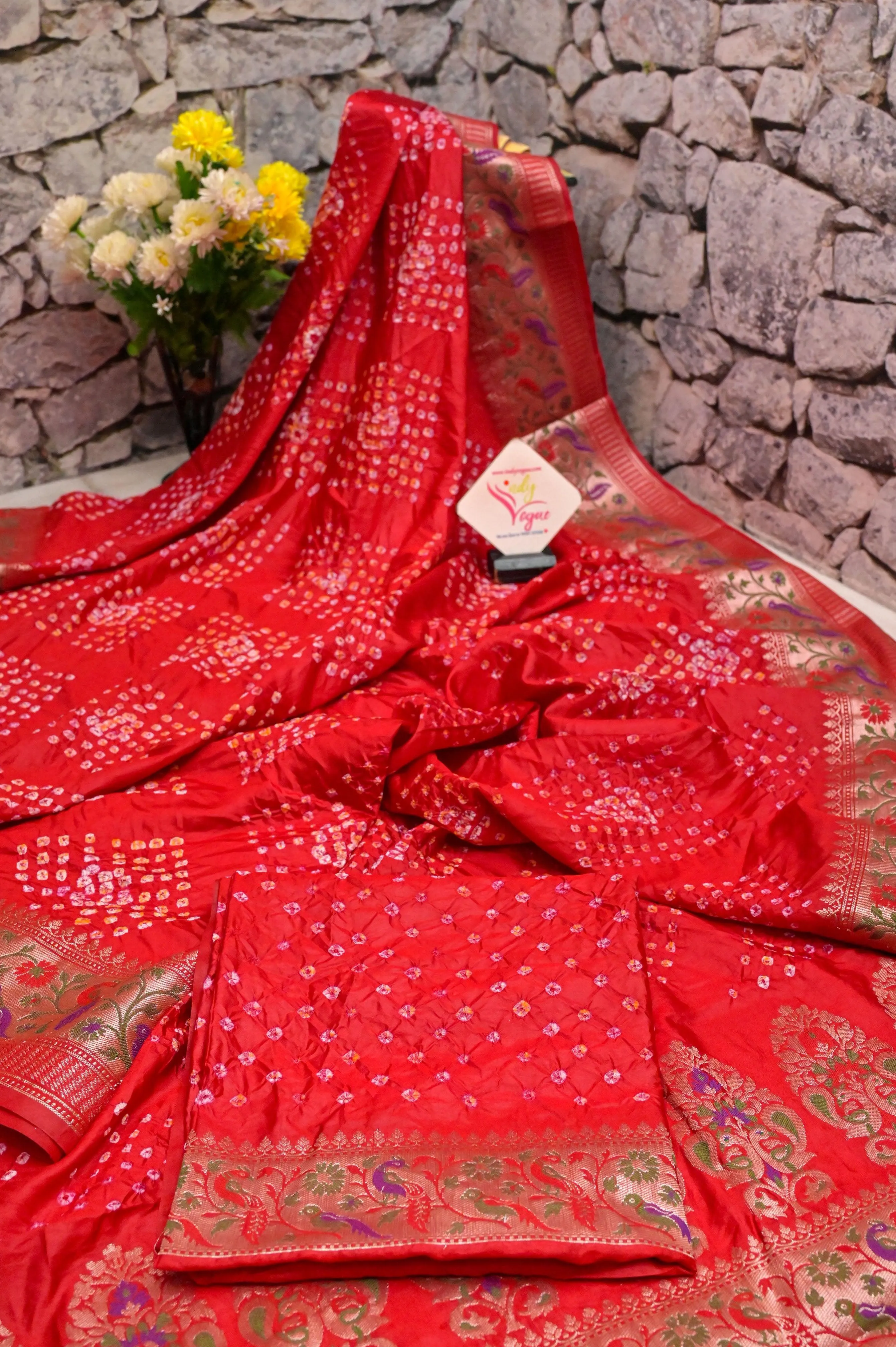 Royal Red Color Dupion Silk Saree with Hand Bandhani and Paithani Design