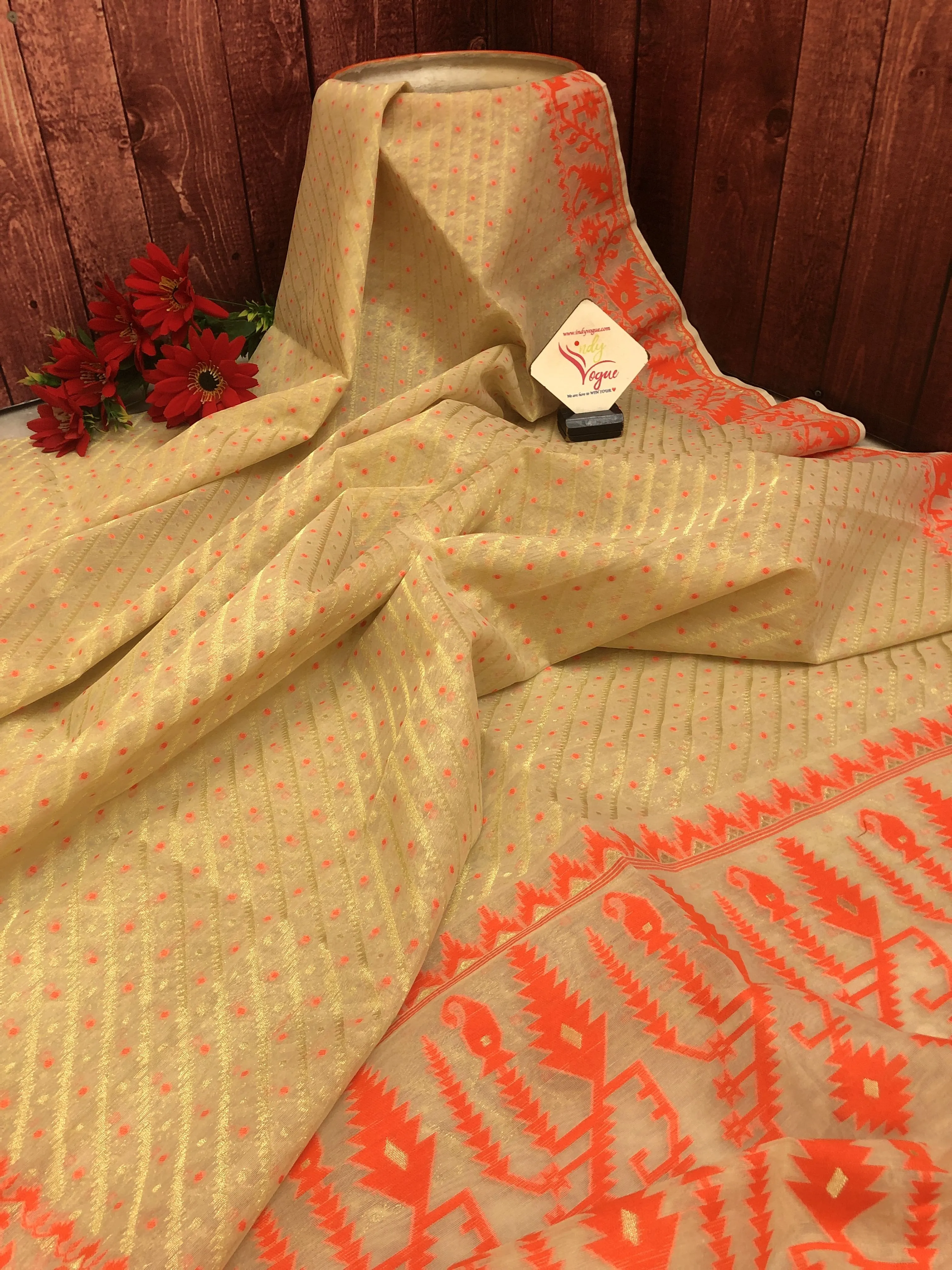 Sandalwood and Red Color Jamdani Saree