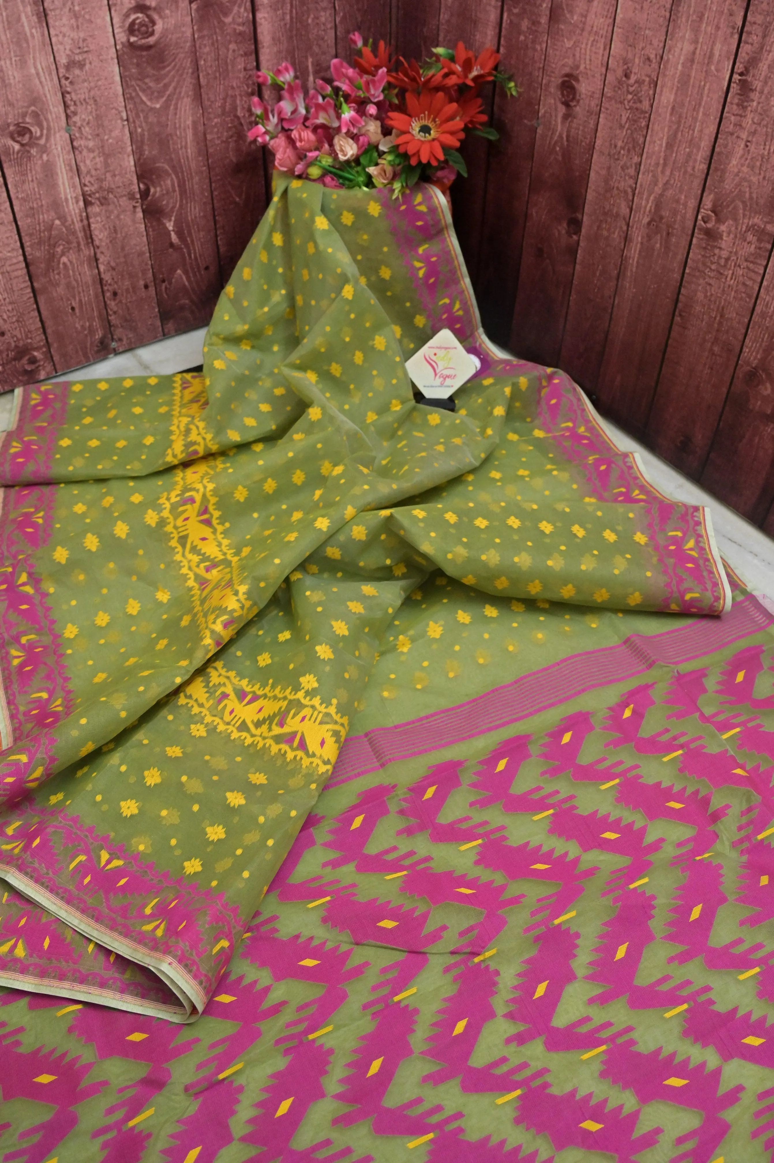 Sap Green Color Jamdani Saree with Gap Border