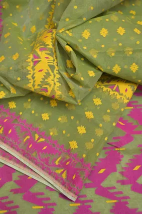 Sap Green Color Jamdani Saree with Gap Border