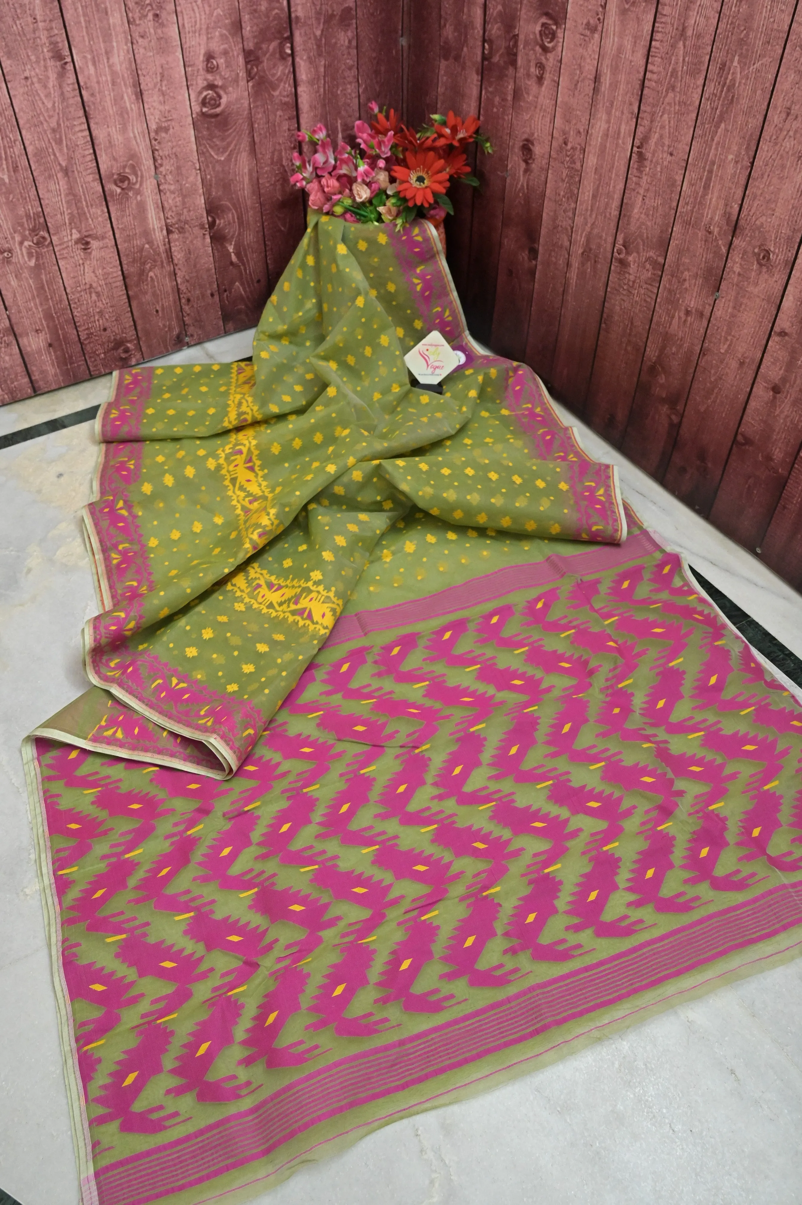 Sap Green Color Jamdani Saree with Gap Border