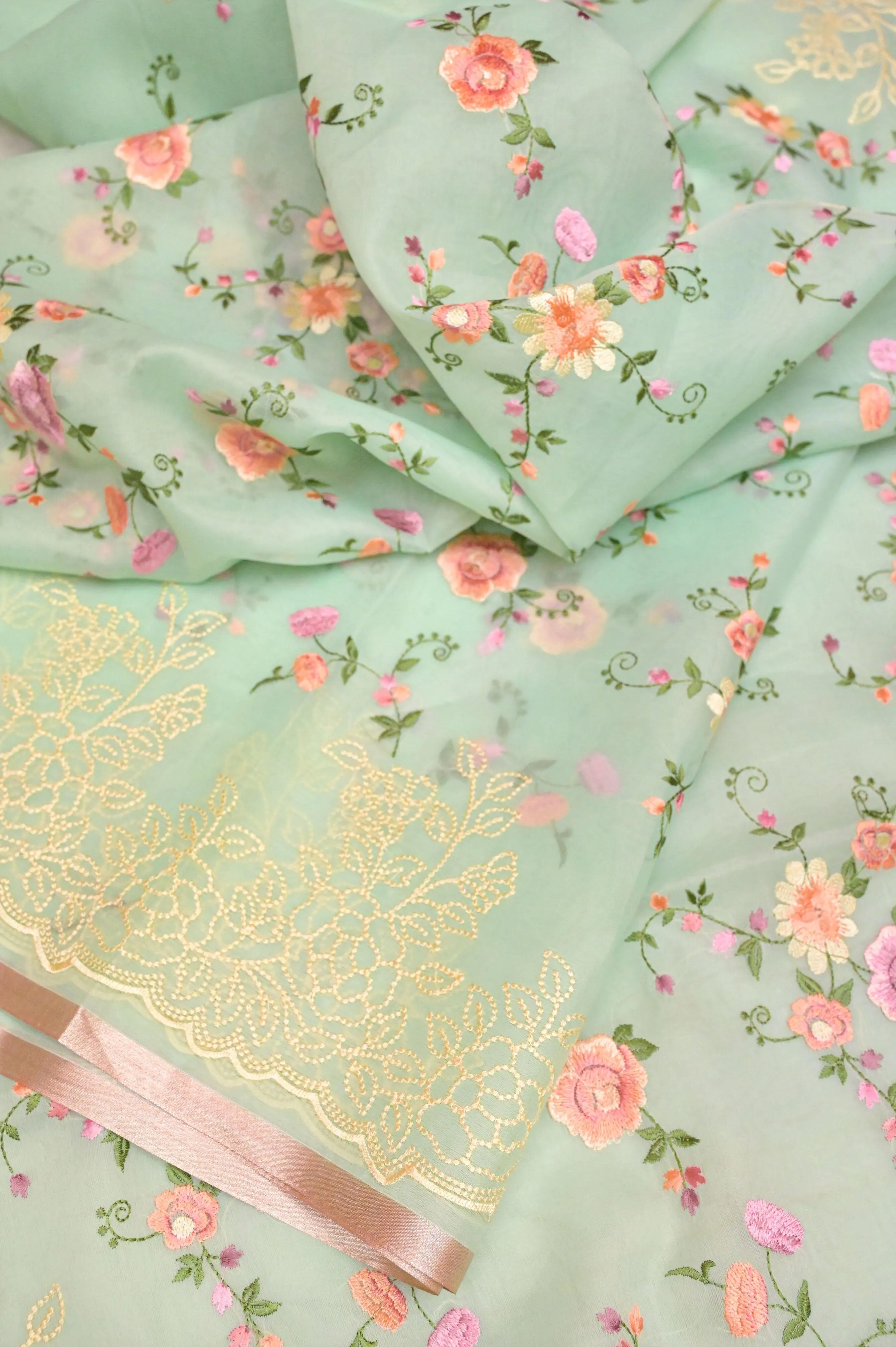 Sea Green Color Organza Saree with Machine Embroidery