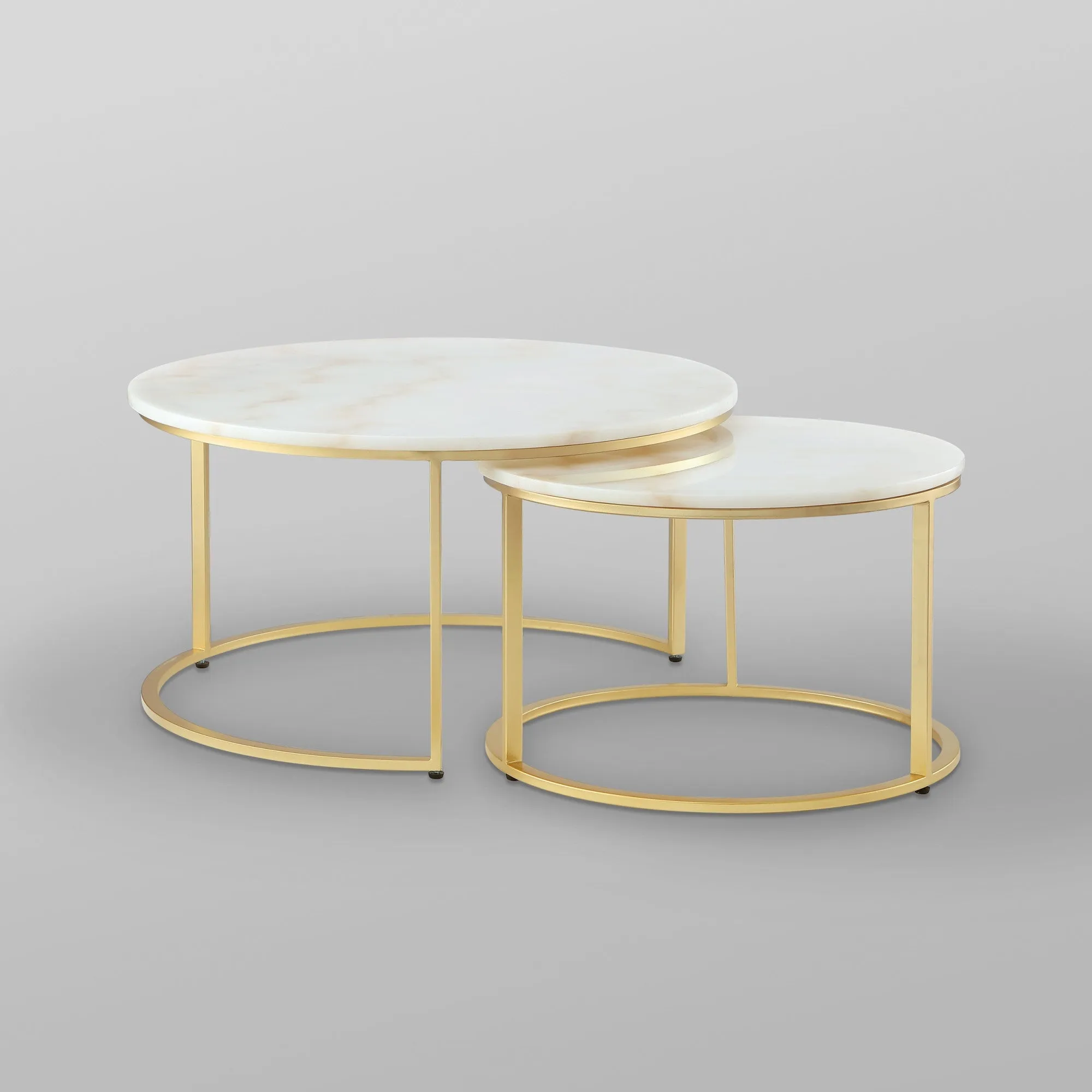 Set of Two 31 White And Gold Genuine Marble And Iron Round Nested Coffee Tables